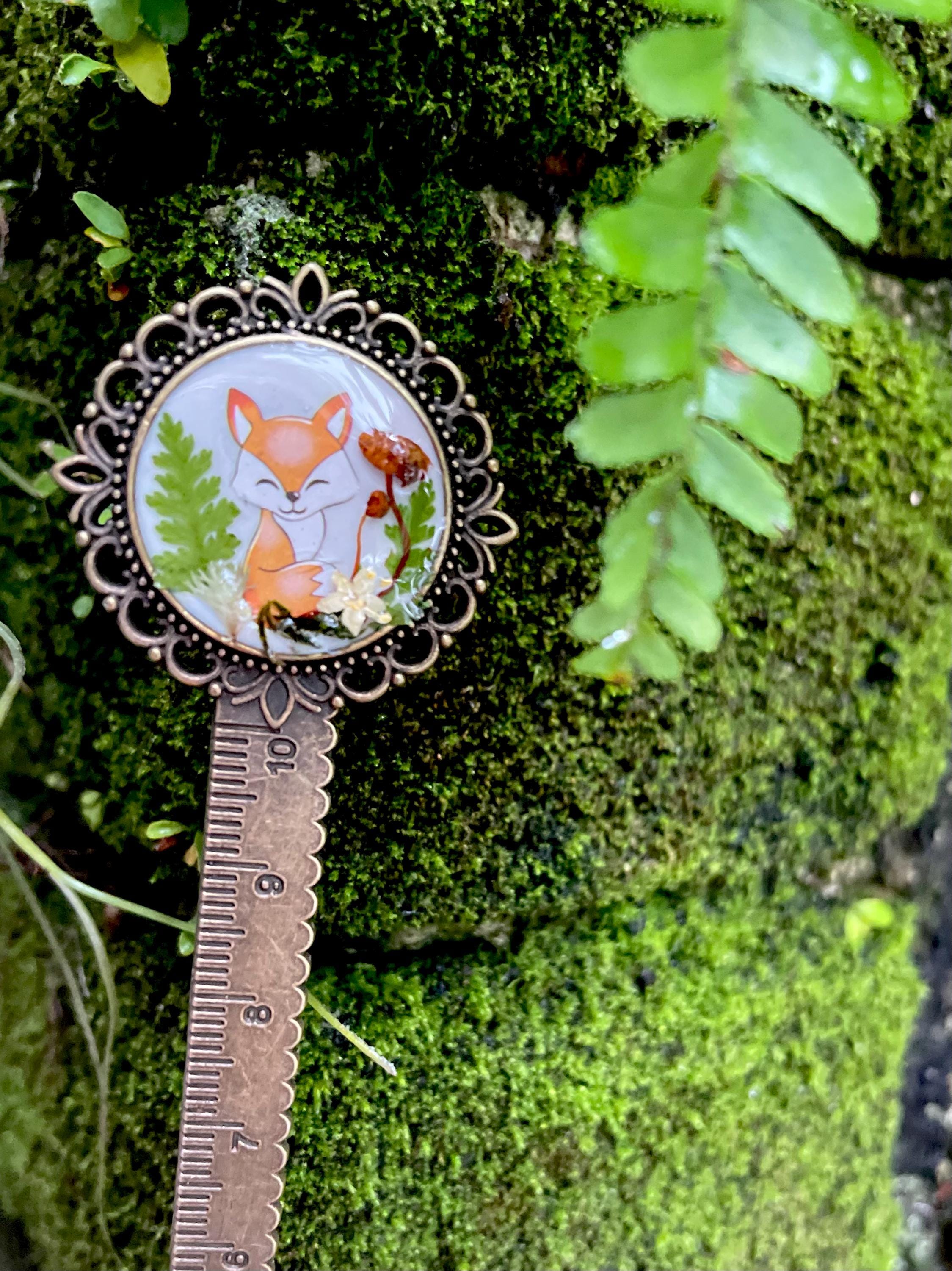 Bronze Metal Fox Bookmark with real Mushrooms Fern and Pressed Flowers - Woodland Style Bookish Gift