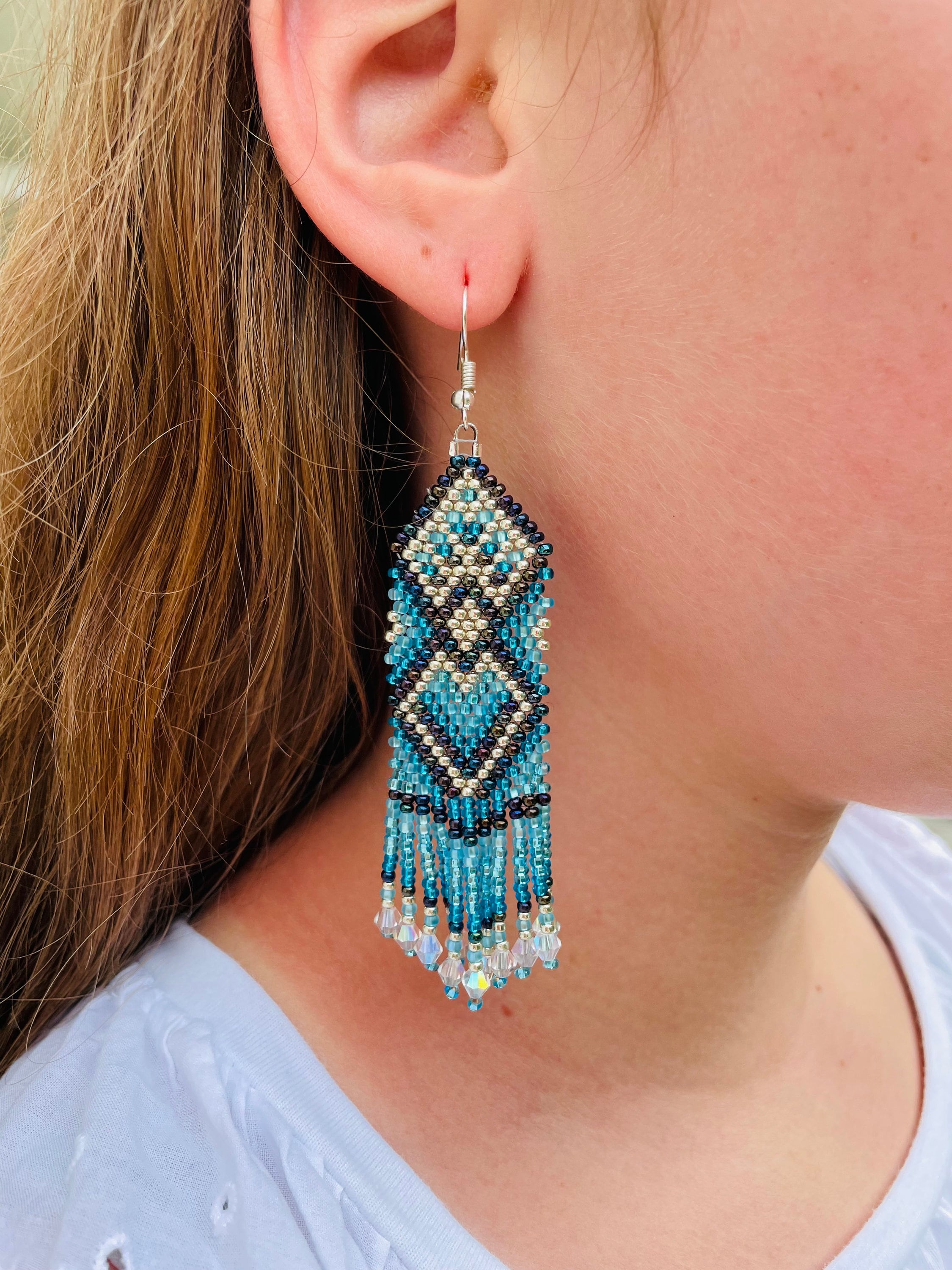 Turquoise beaded earrings Long earrings Fringe earrings Ombre earrings Seed bead earrings Chandelier earring Boho beadwork earrings Dangle