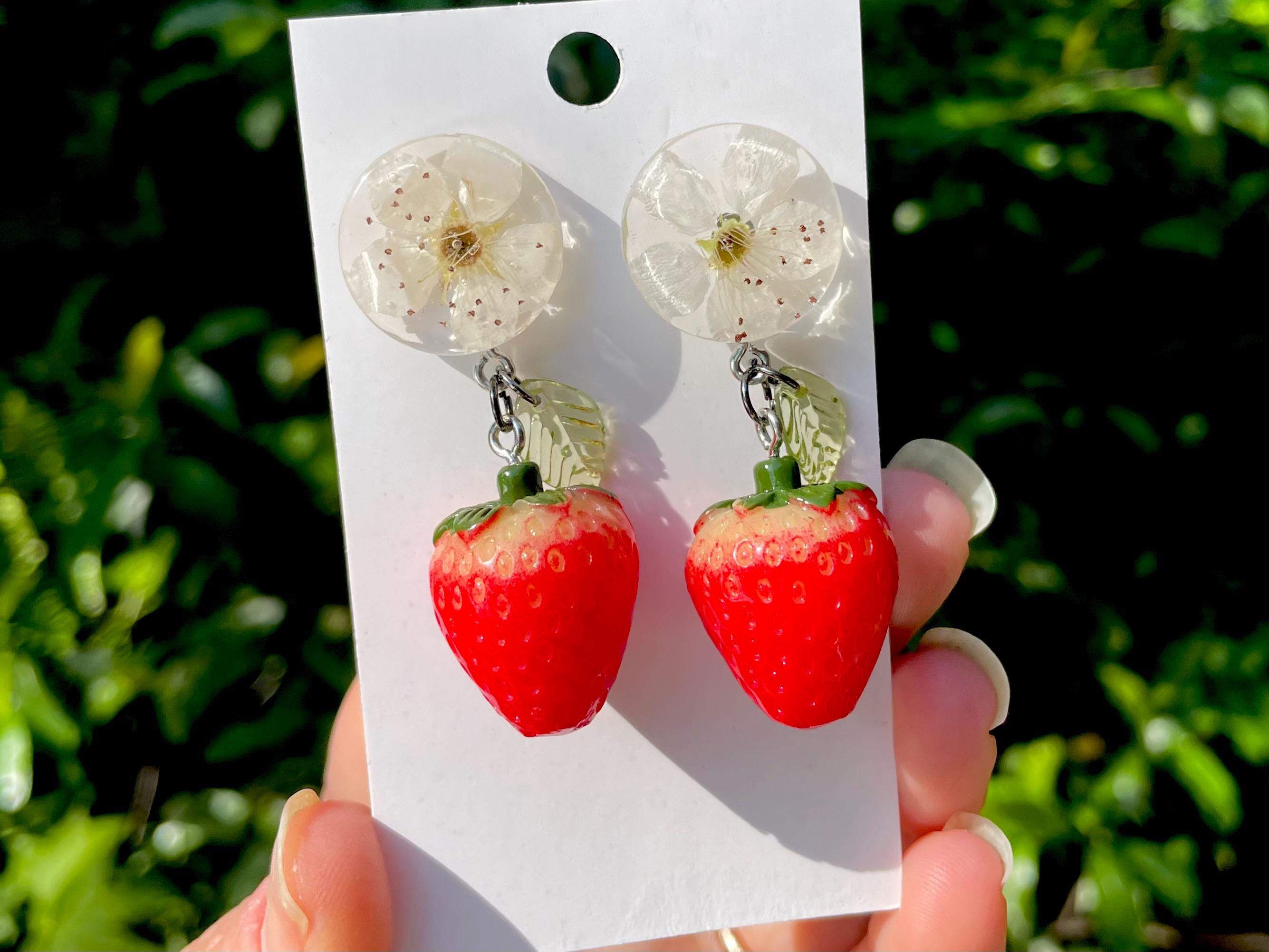 Strawberry Earrings: Real Blossom, Sterling Silver Hooks, Botanical Jewelry