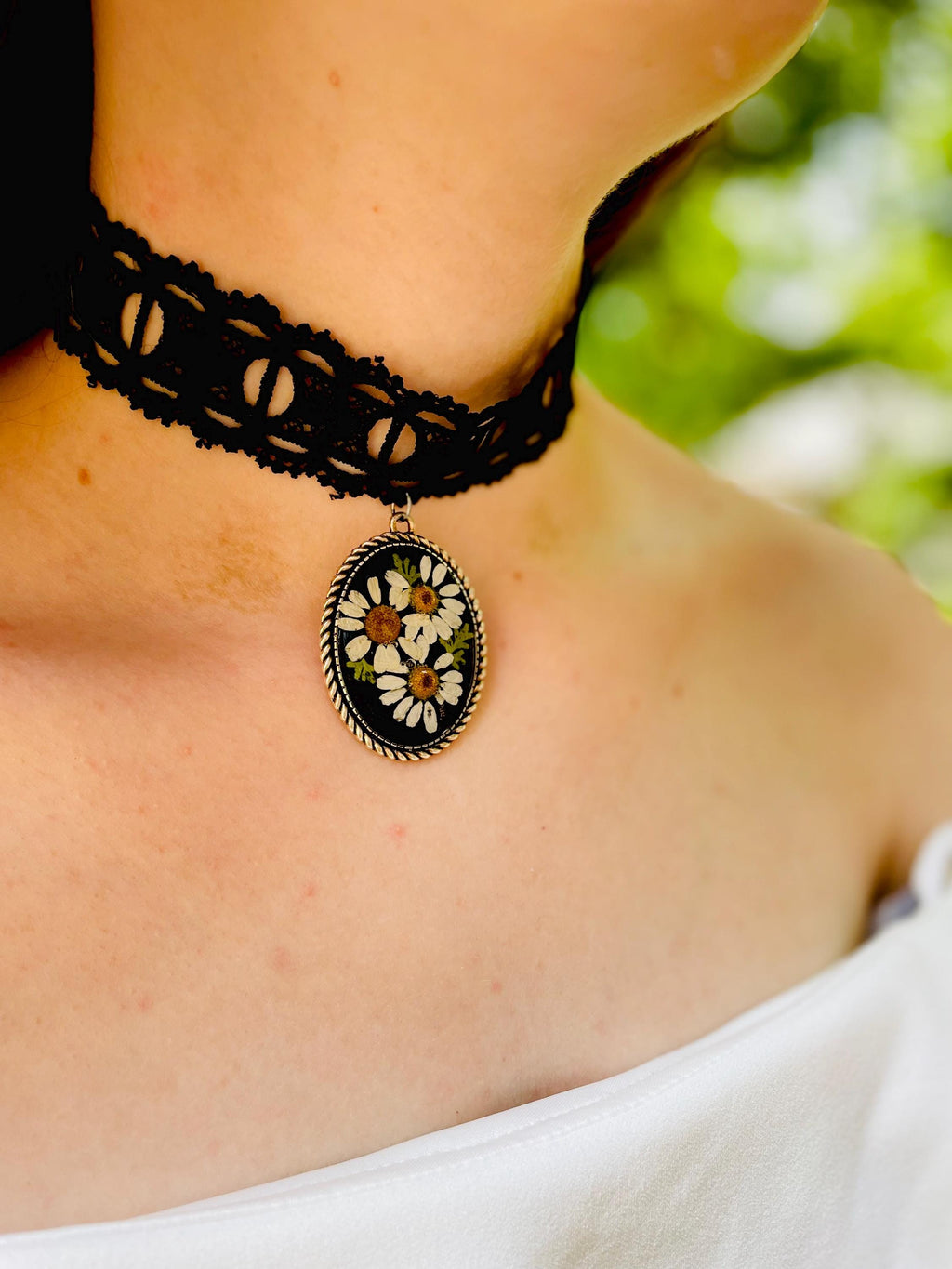 Whimsigoth Black Lace Choker: April Birth Flower Daisy Pendant, Gothic Collar