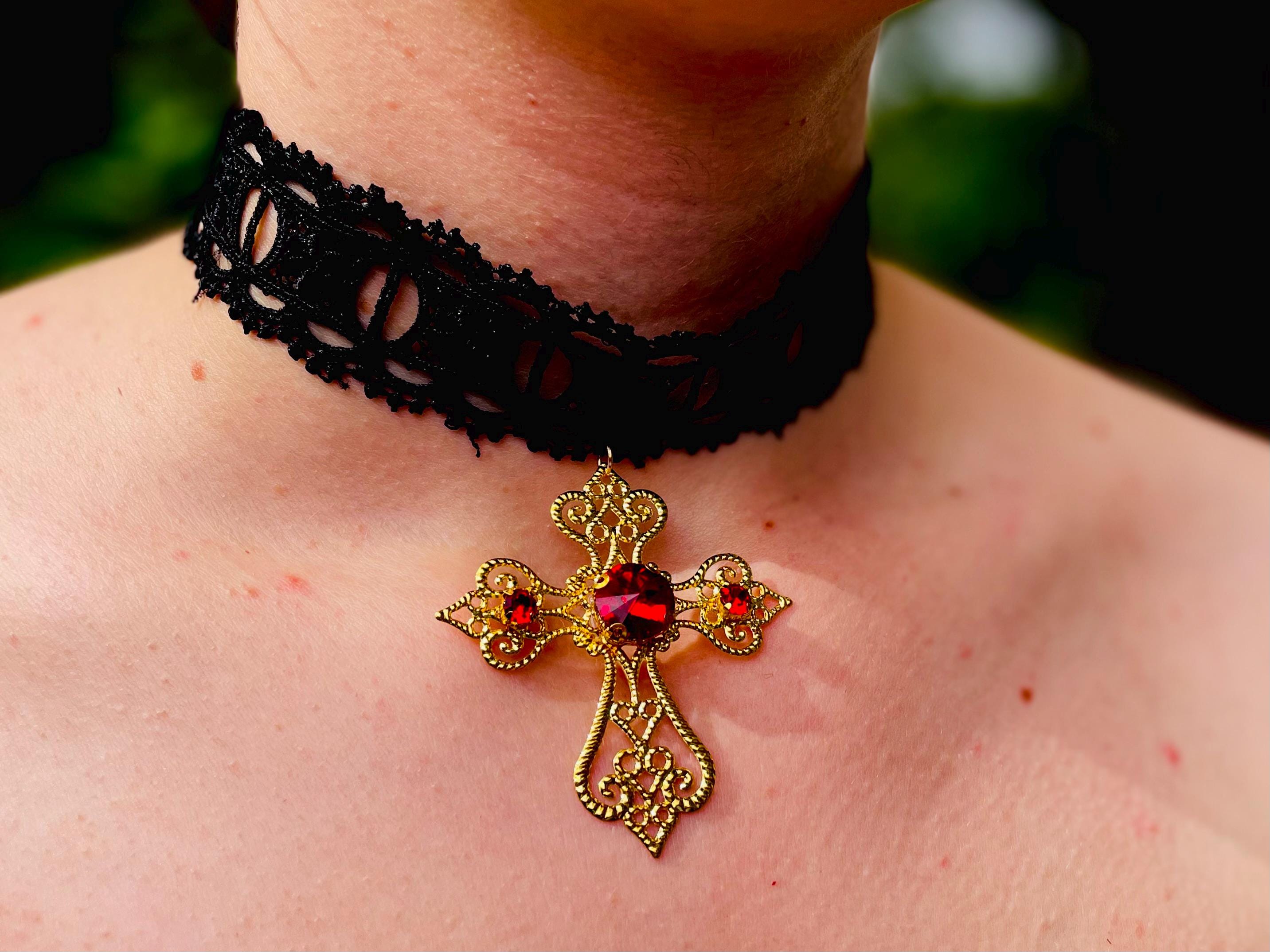 Gothic Red Crystal Collar Choker: Vintage Vampire Black Lace Necklace with Filigree Cross Pendant