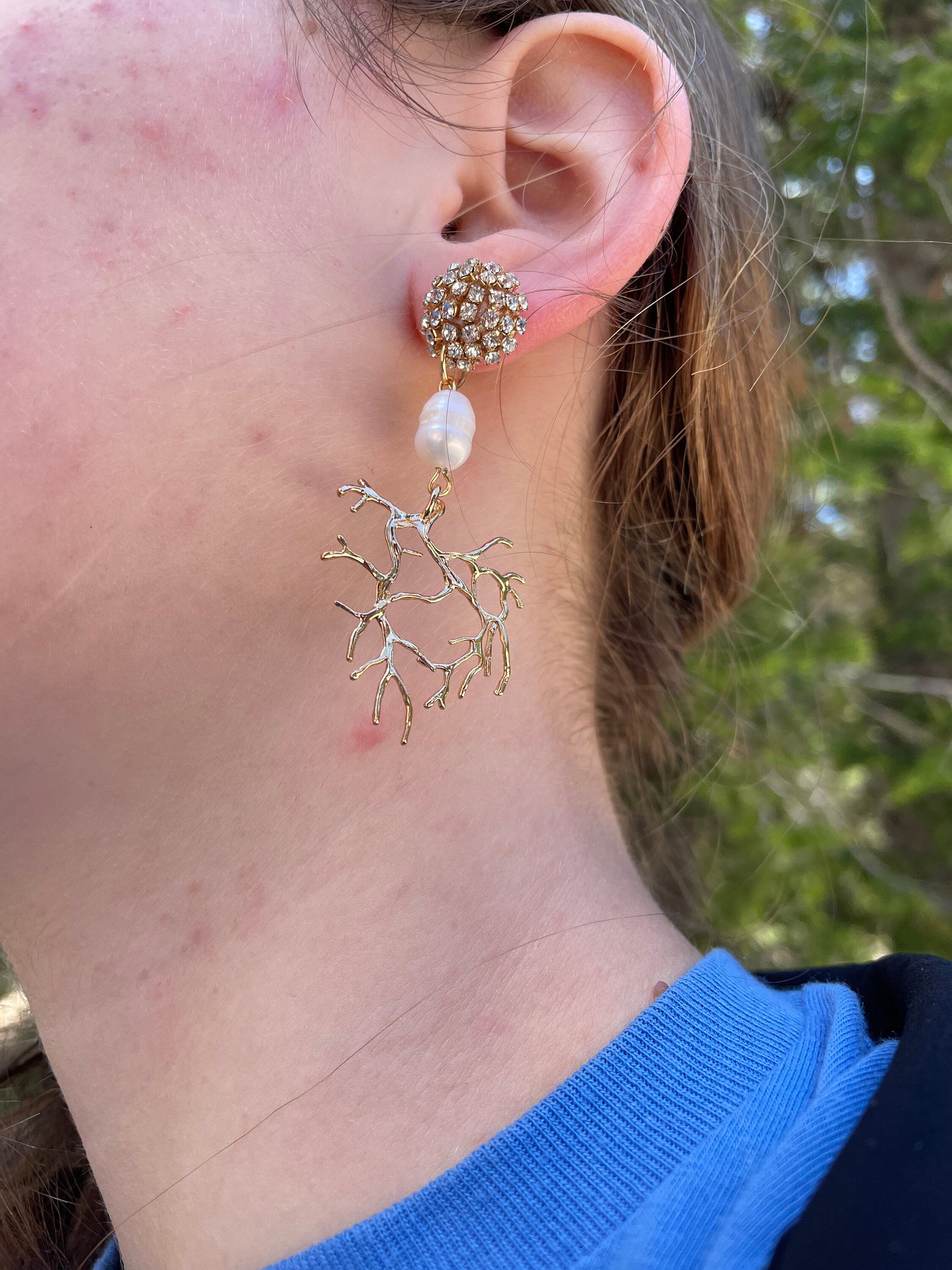 Gold Coral Branch Chandelier Earrings: Baroque Pearl Rhinestone Clip-Ons
