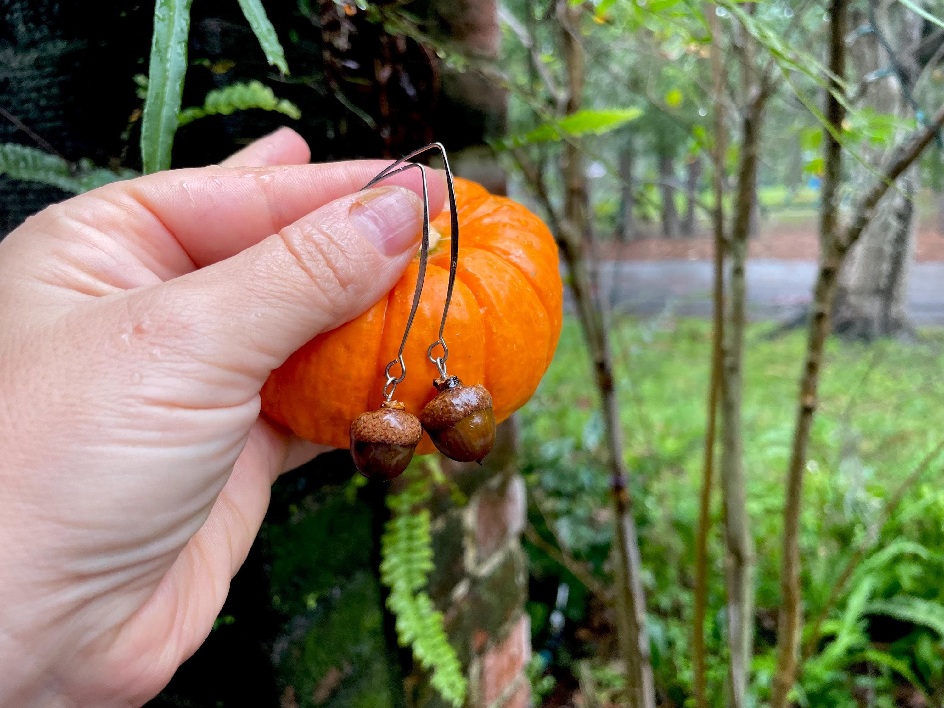 Real Acorn Threader Earrings: Rustic Fall Woodland Jewelry