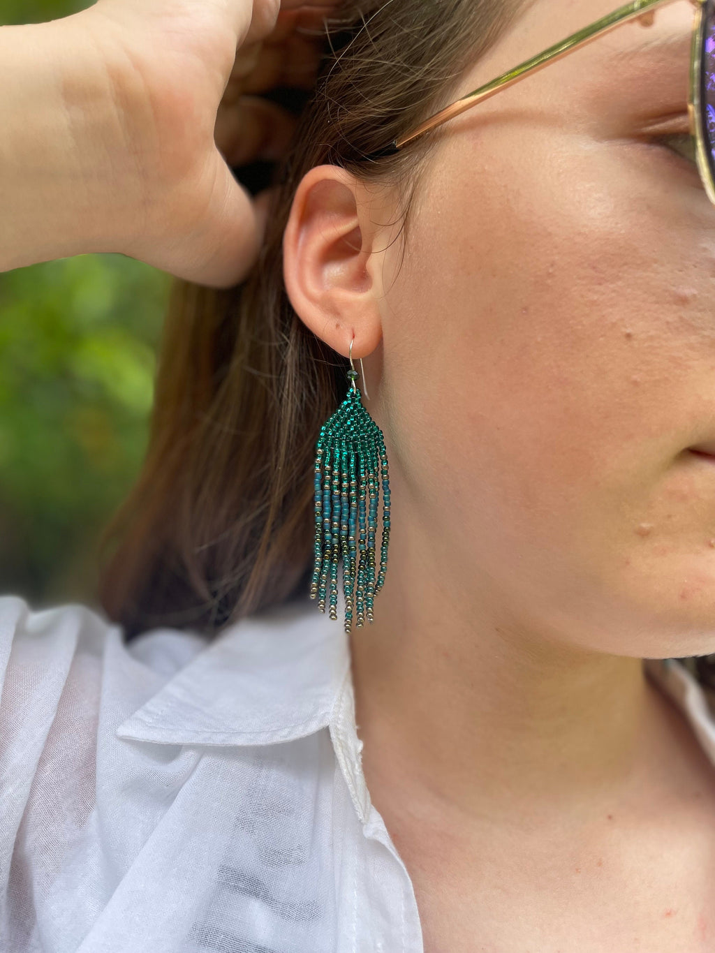 Sterling silver emerald green beaded earrings, Long earrings dangle, Fringe earrings Native American Seed bead earrings, Chandelier earrings