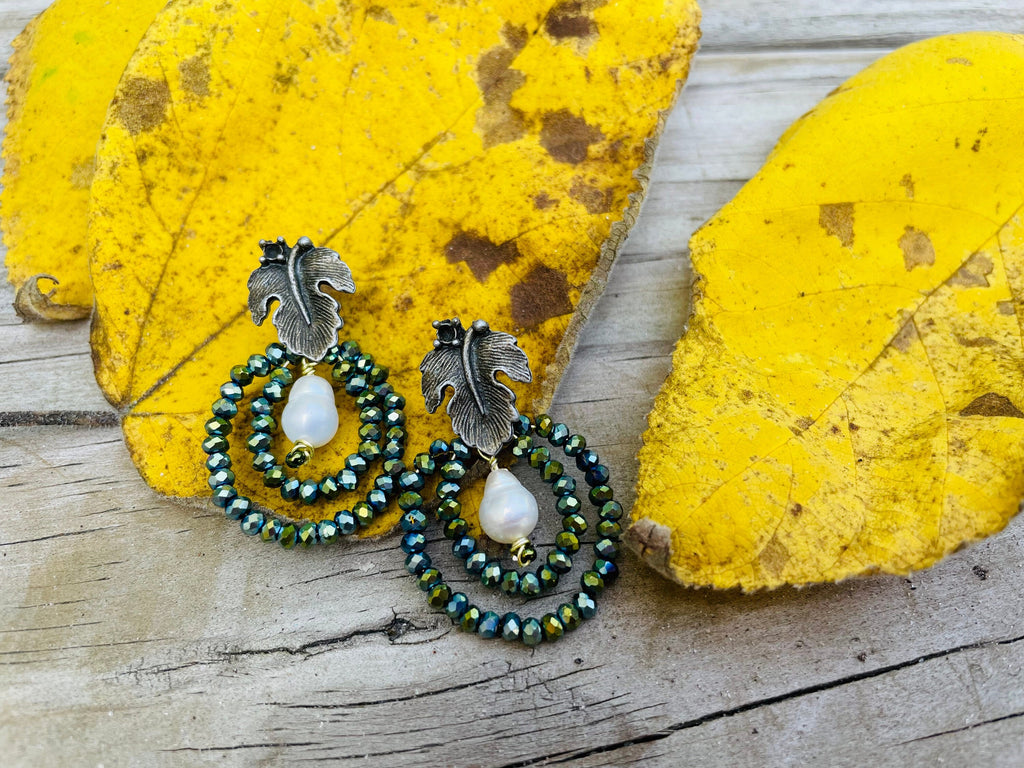 Leaf earrings stud,  Unique handmade earrings, green Swarovski crystal statement earrings, hoop earrings dangle, baroque pearl earrings mom