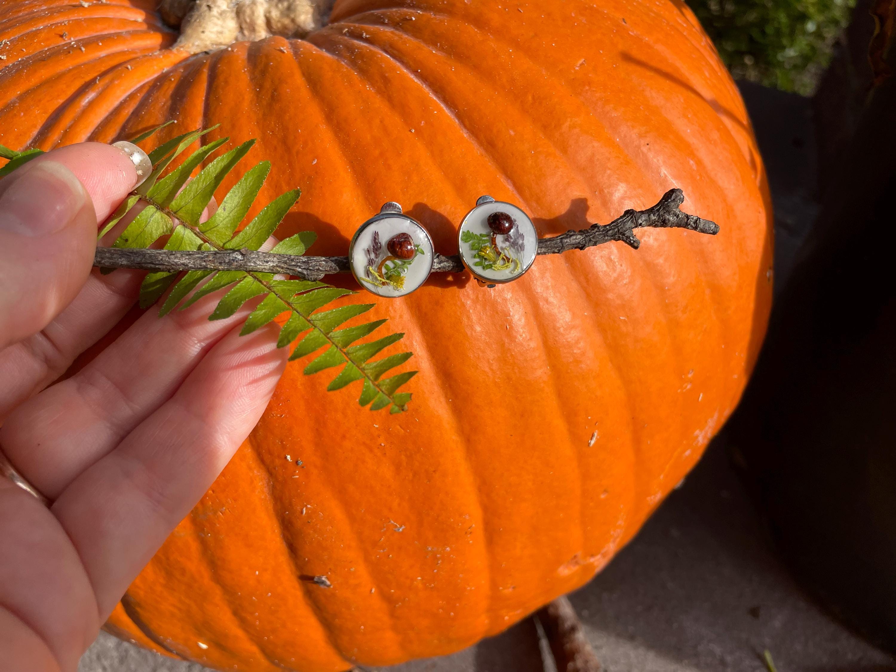 Mushroom Earrings Stud/Clip on: Real Moss and Fern, Sterling Silver, Botanical Jewelry