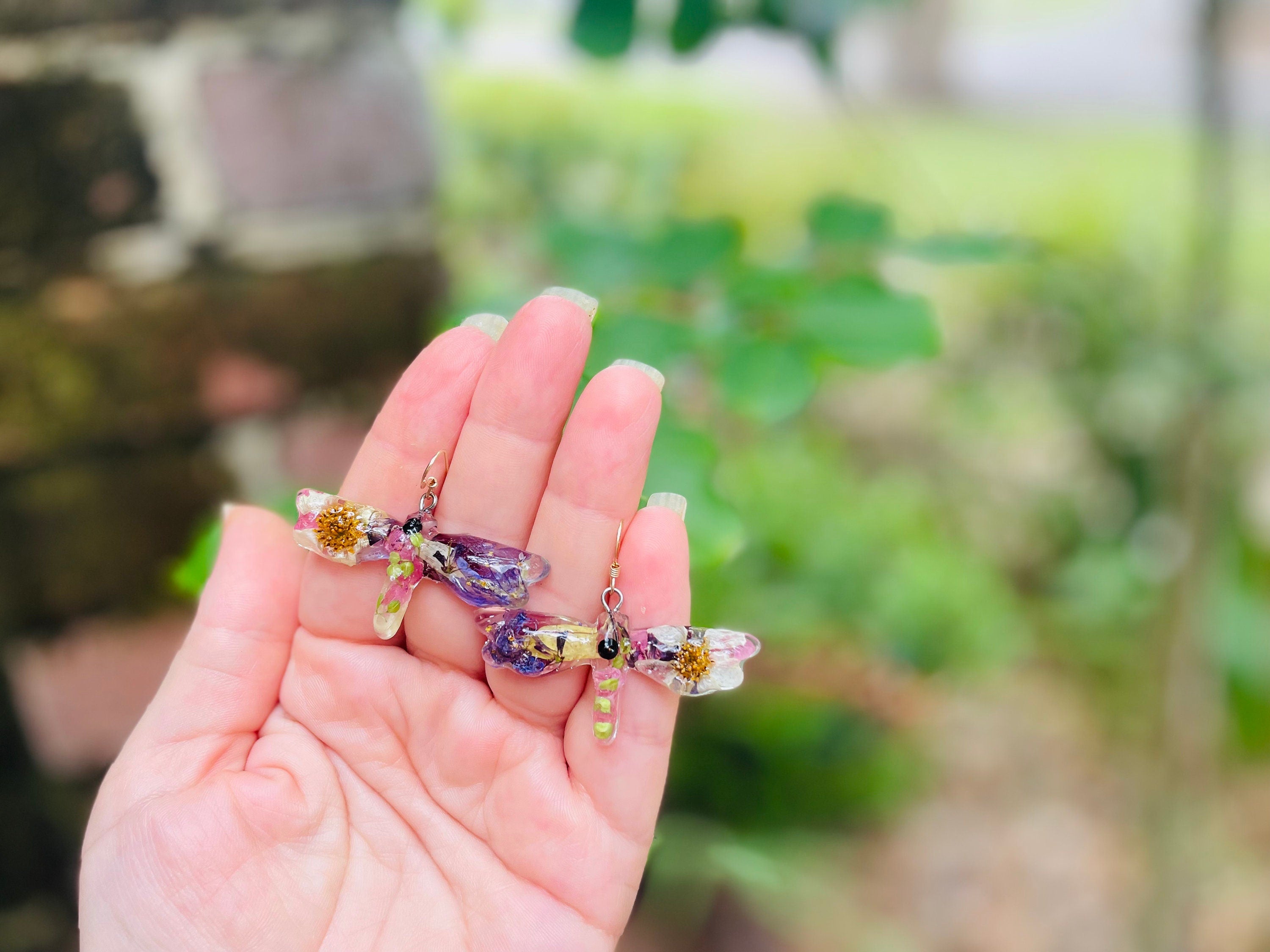 Dragonfly Earrings: Custom Birth Month Flower Pressed Resin Jewelry
