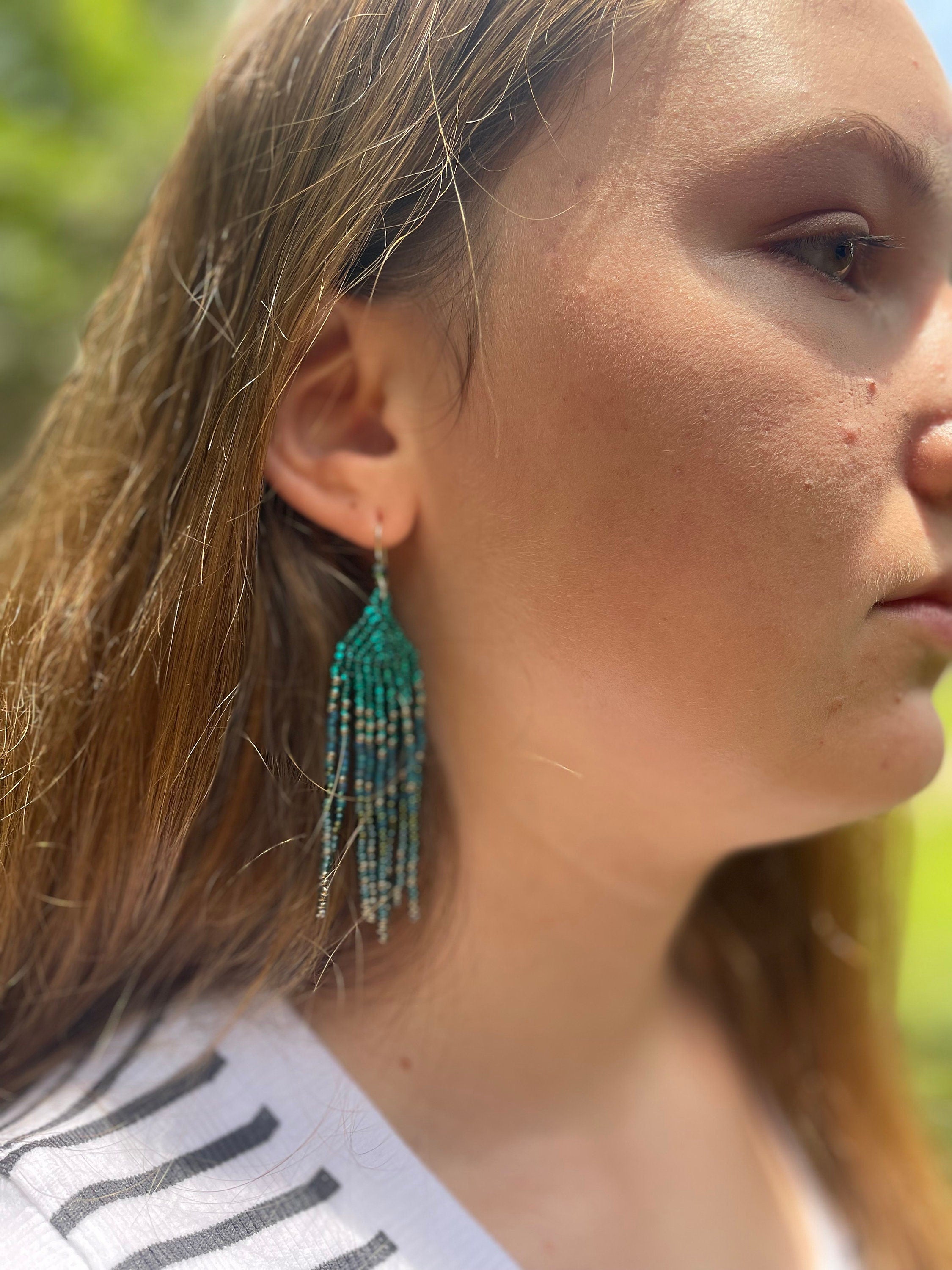 Sterling silver emerald green beaded earrings, Long earrings dangle, Fringe earrings Native American Seed bead earrings, Chandelier earrings