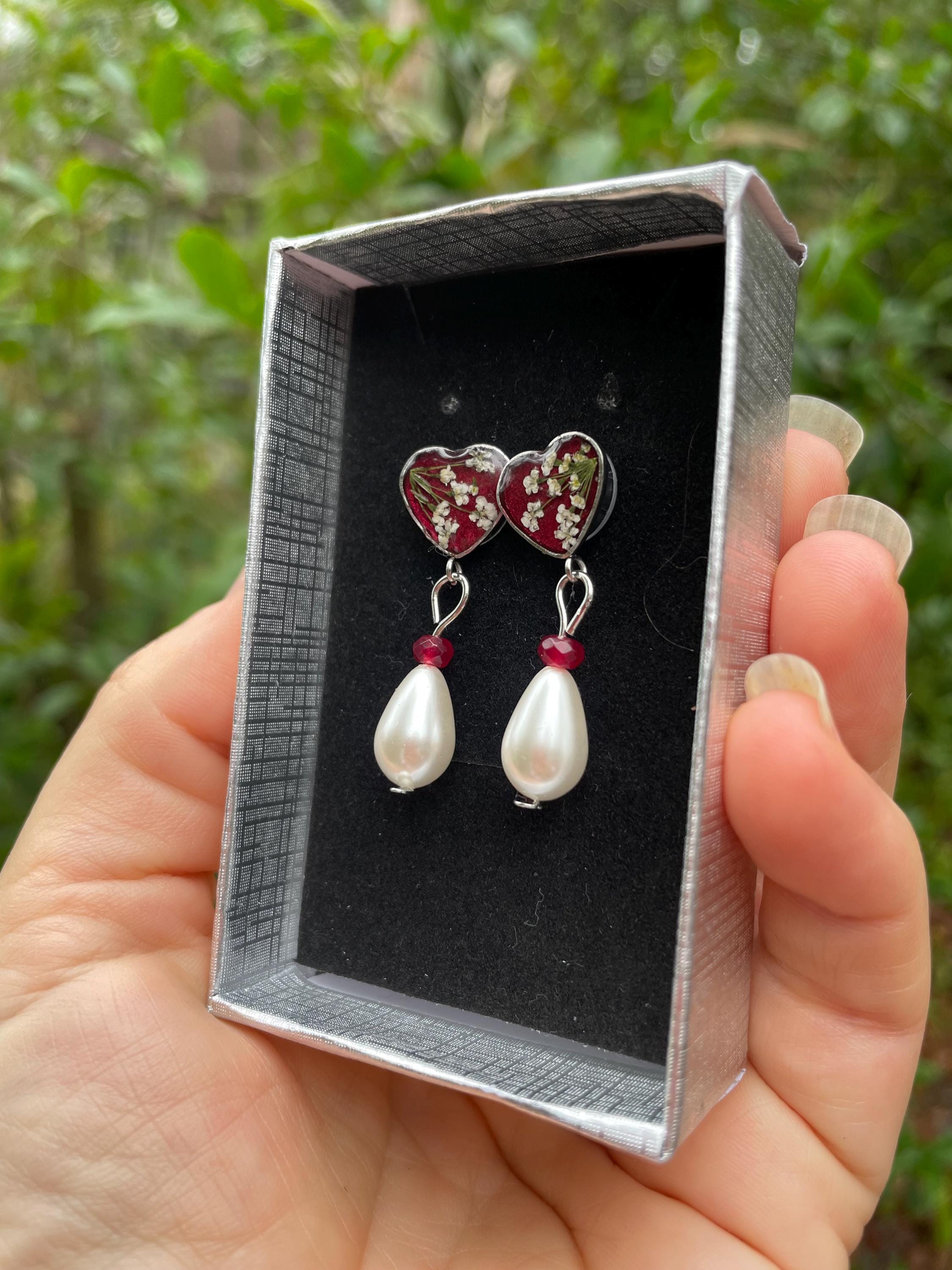 Silver Garnet Heart Earrings: Antique Wildflower Pearl Drop Jewelry January Birthstone
