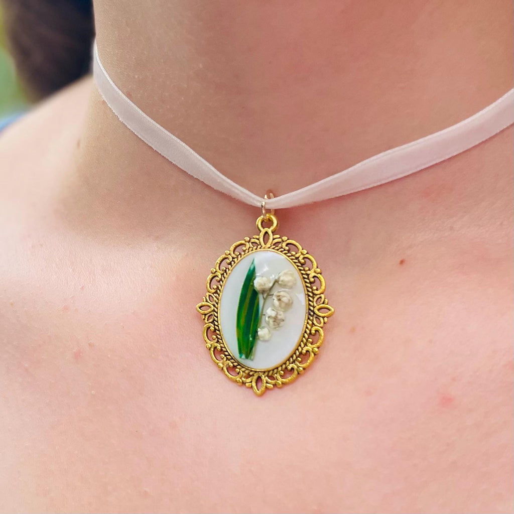 Lily of the Valley Necklace: Real Flower Pendant, Mother of Pearl Heart, Velvet Ribbon