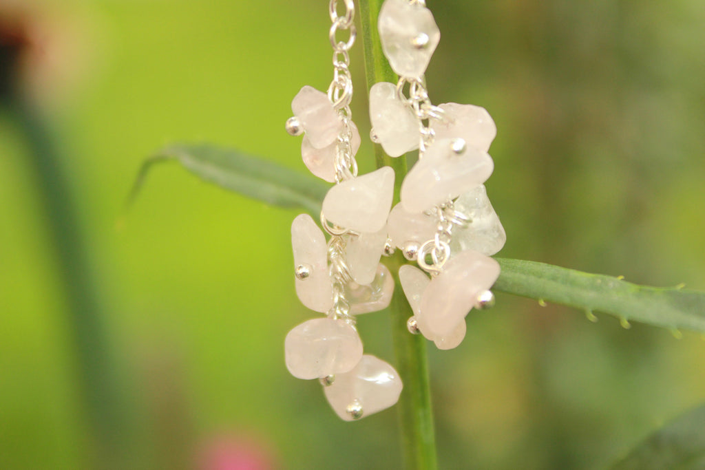Rose Quartz October Birthstone Necklace Collar & Bridal Earrings Set: Personalized Crystal Wedding Jewelry