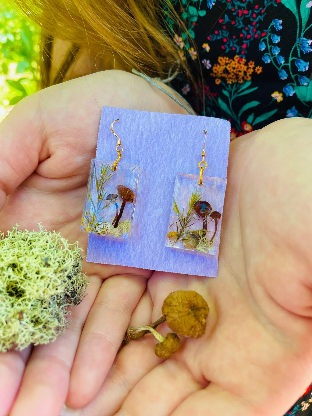 Real Mushroom Resin Earrings: Gold Filled Fairy Forest Jewelry