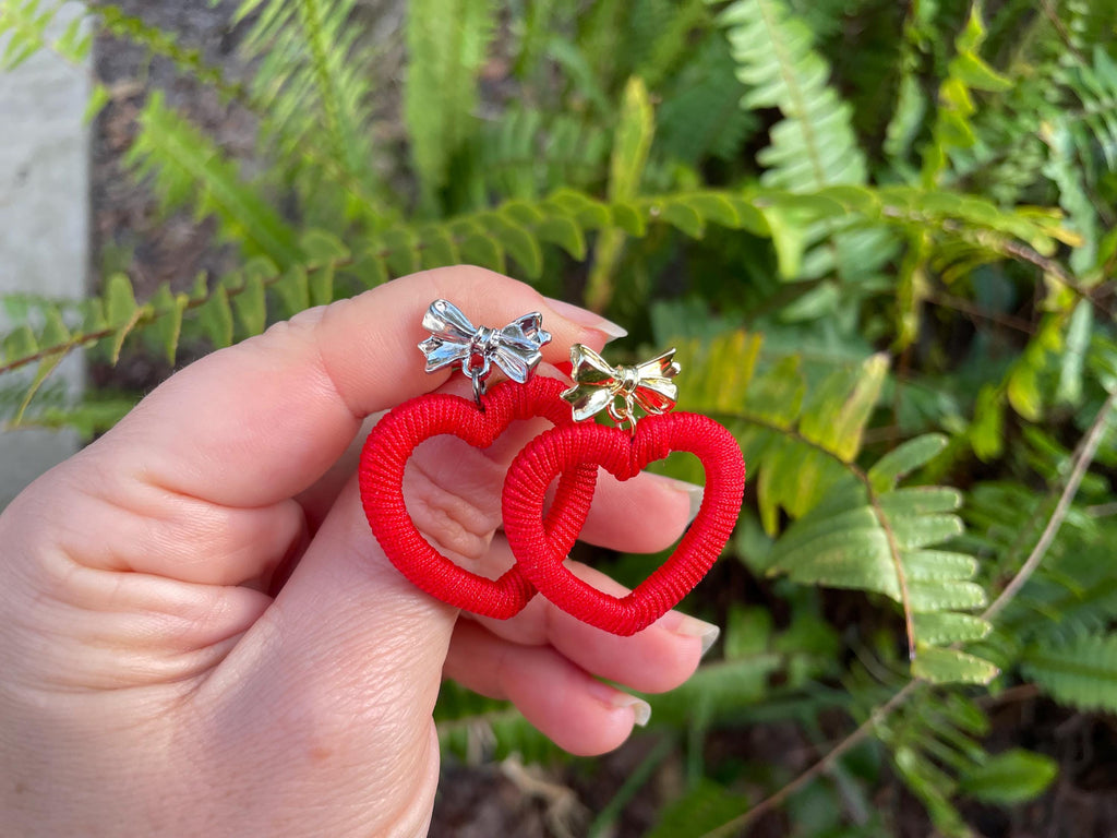 Red Heart Earrings: Silk Wrapped Bow Studs, Romantic Jewelry