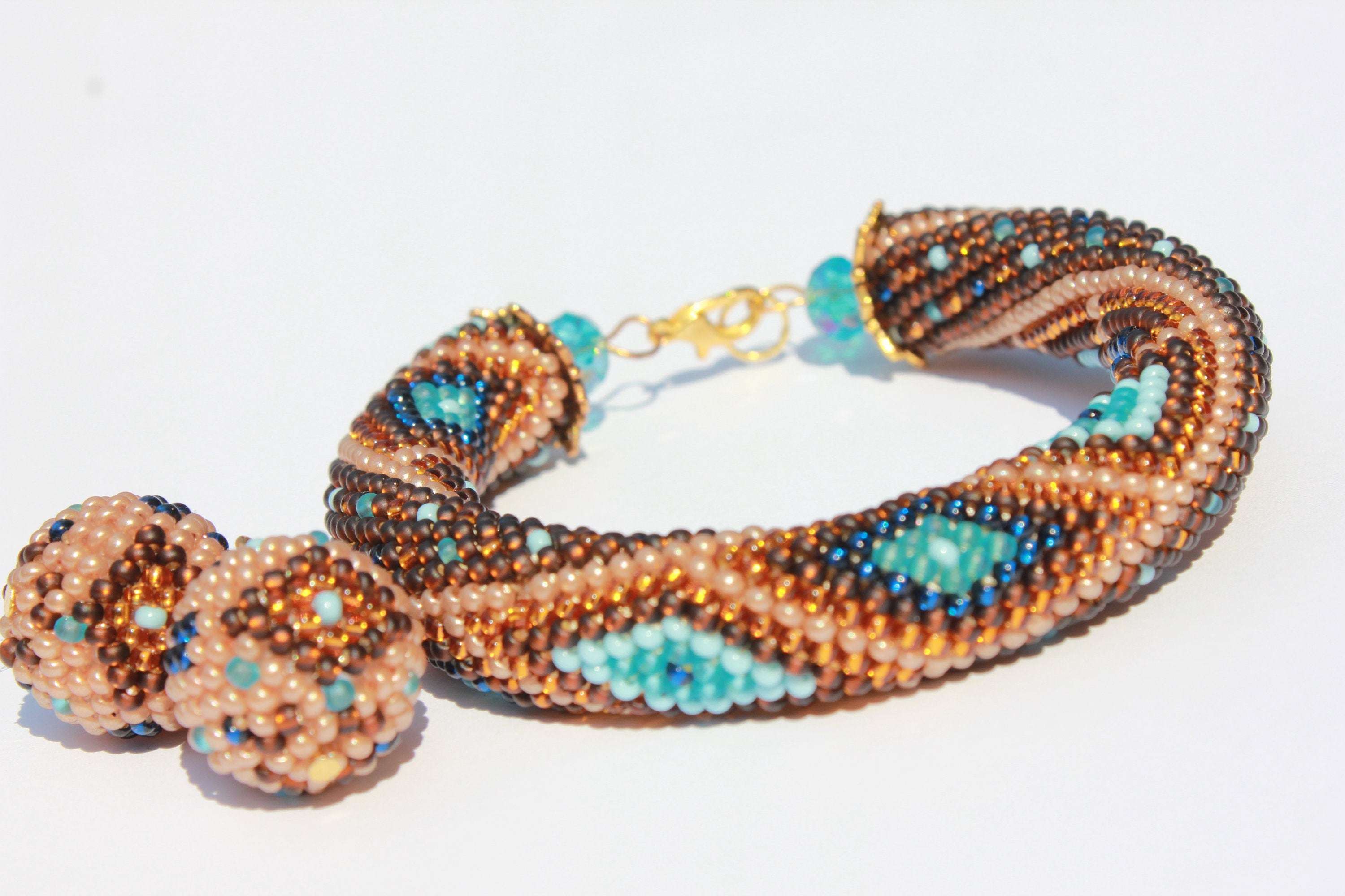 Teacher appreciation gift brown and blue Crocheted geometric bracelets for women, Mothers Day gift idea for wife, Seed Bead bangle Beadwork