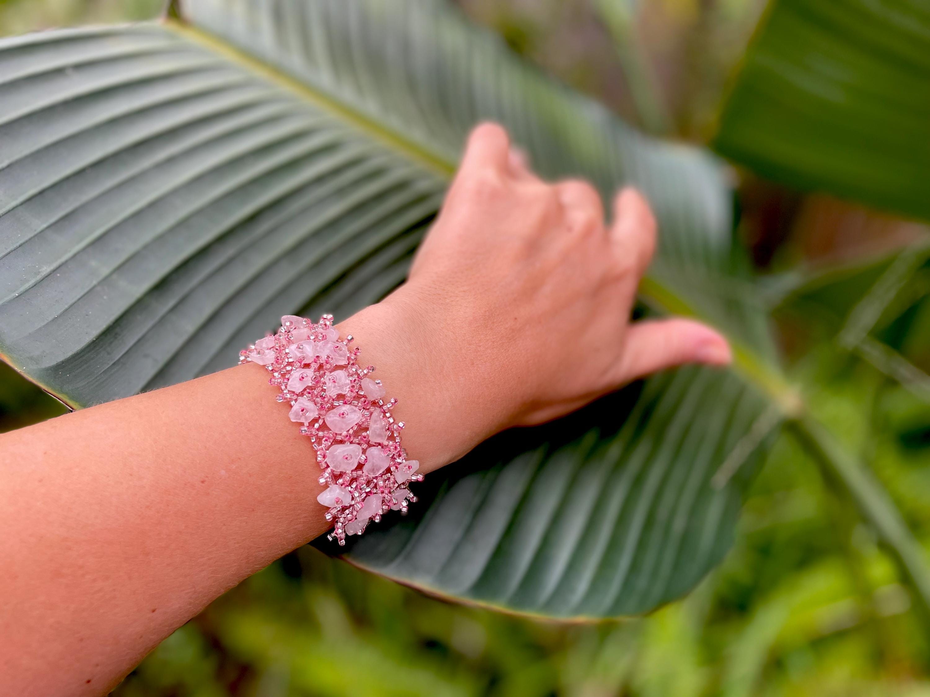 Handmade Rose Quartz Bracelet: Stainless Steel Cuff, Raw Crystal