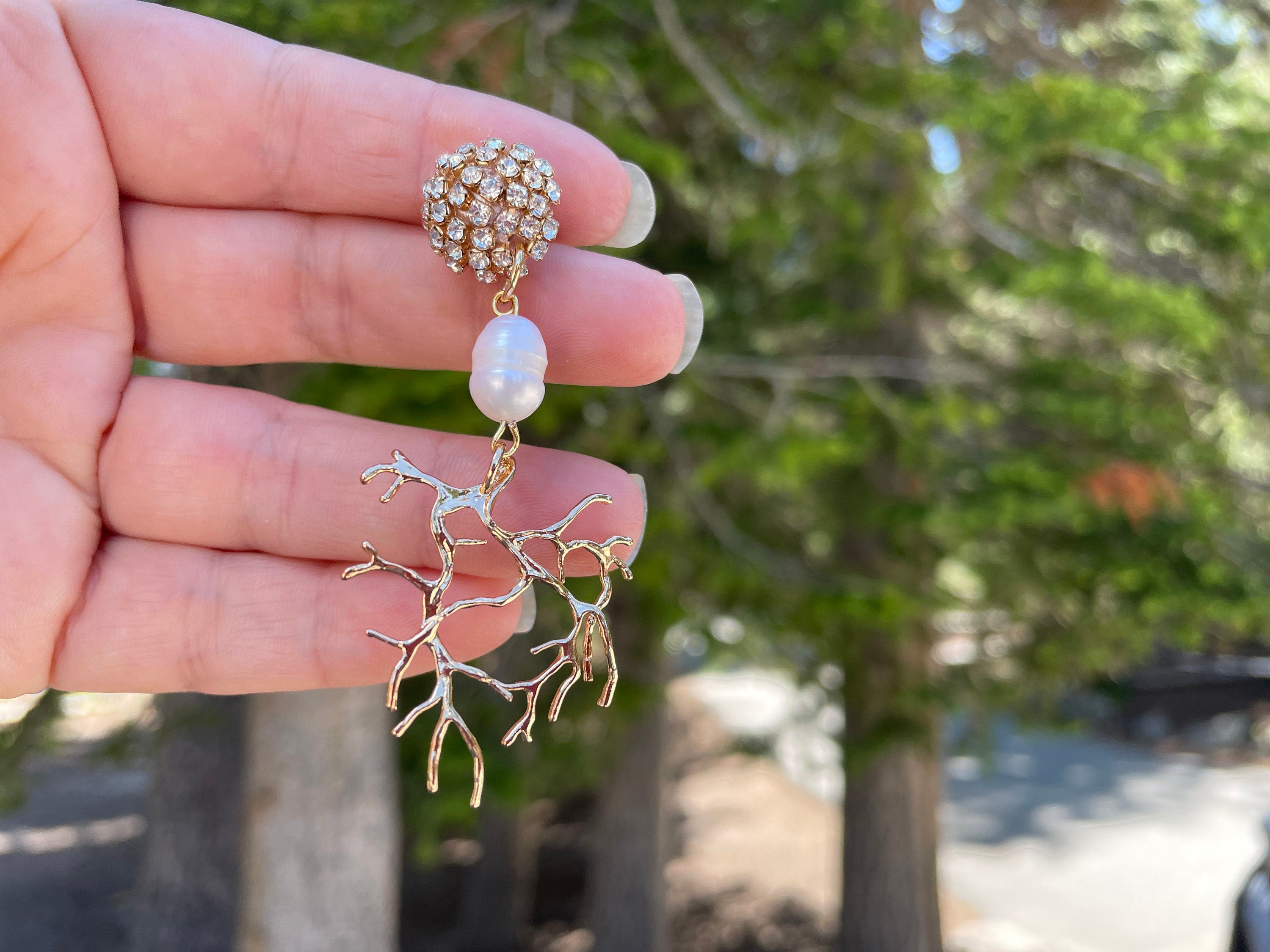 Gold Coral Branch Chandelier Earrings: Baroque Pearl Rhinestone Clip-Ons