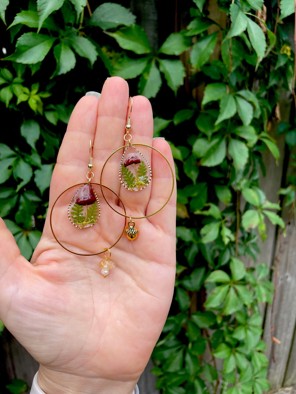 14K Gold Mushroom Terrarium Earrings Chandelier Hoops: Pearl, Acorn Charm, Personalized Birthstone