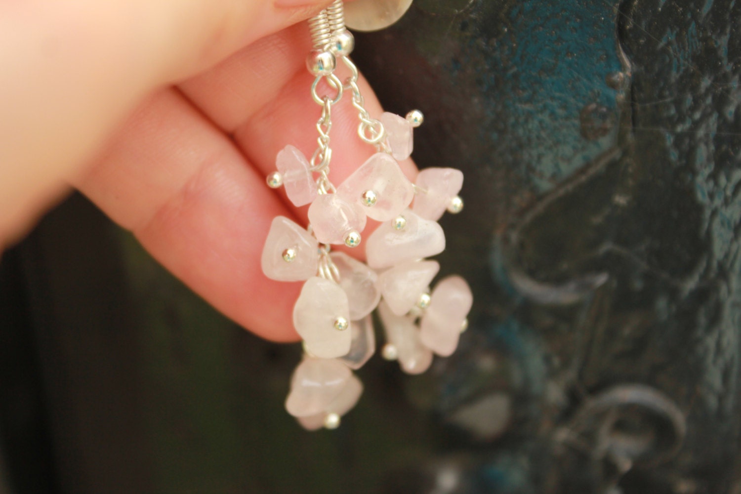 Rose quartz earrings beaded, Personalized birthstone earrings mom, wedding cluster earrings feminine gemstone, bridal shower gift