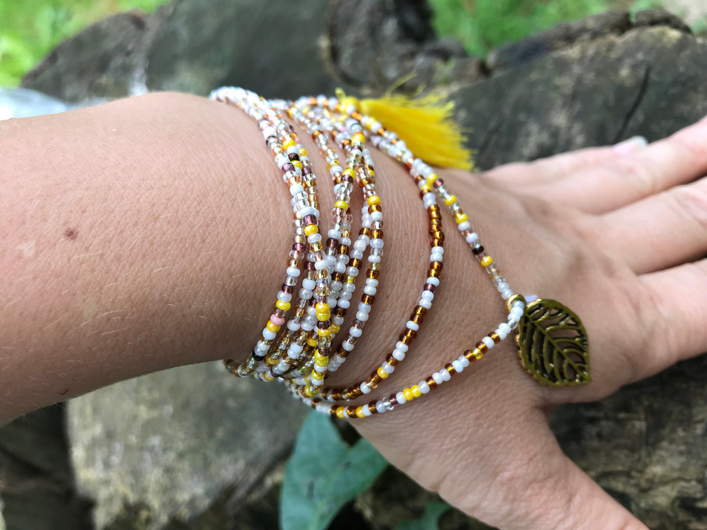 yellow brown beaded wrap bracelet, Fall accessory for girlfriend ~leaf seed bead bracelet~mini tassel bangle for hippie, seed bead necklace