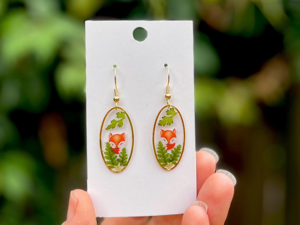 14K Gold Resin Dangle Earrings: Real Mushroom, Pumpkin, Fern & Flowers