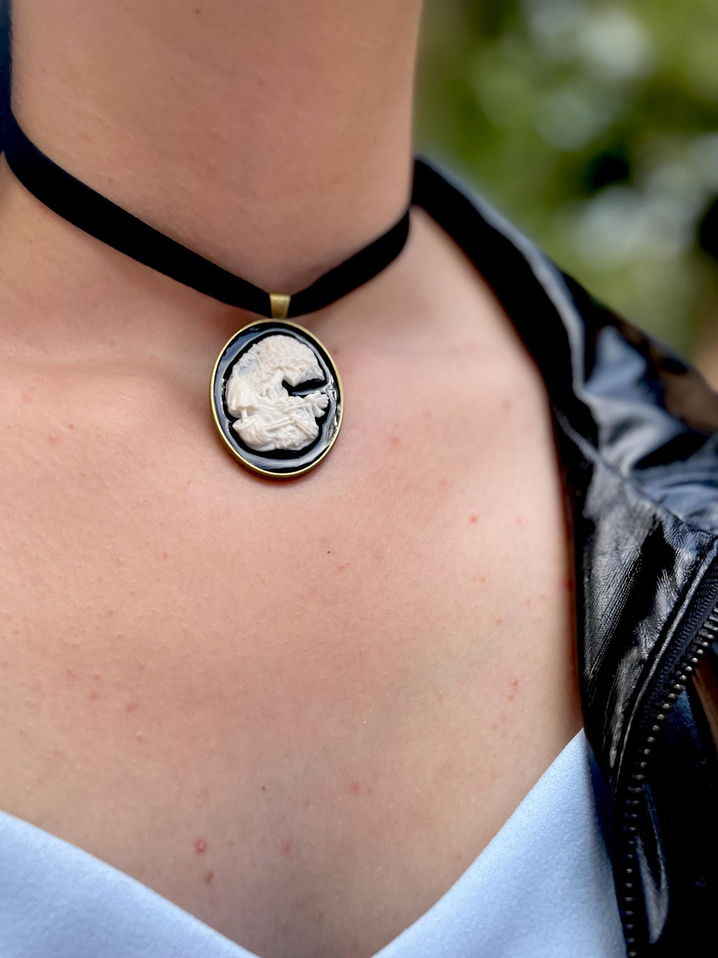 Skeleton Cameo Necklace: Halloween Velvet Ribbon Pendant, Victorian Gothic Jewelry