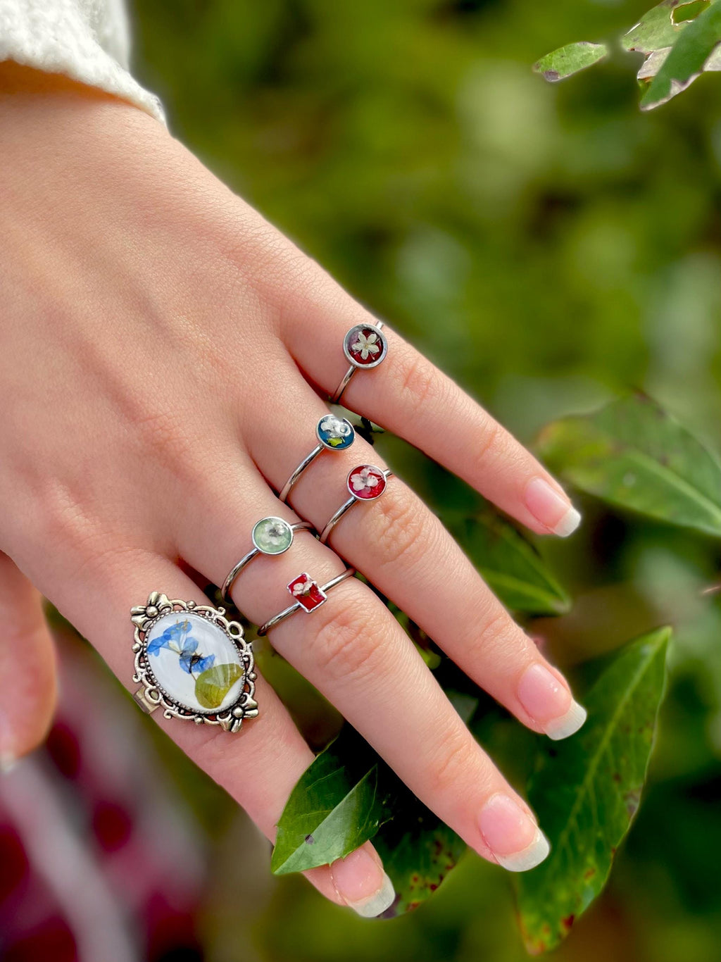 Handmade Pressed Flower Ring: Blue Wildflower Cameo, Adjustable Silver Band