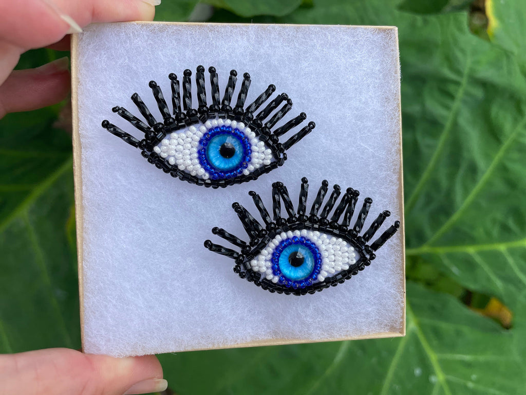 Halloween party Evil eye earrings, Blue green large evil eye earrings clip-on, beaded earrings, Tasseled eye drop protection earrings