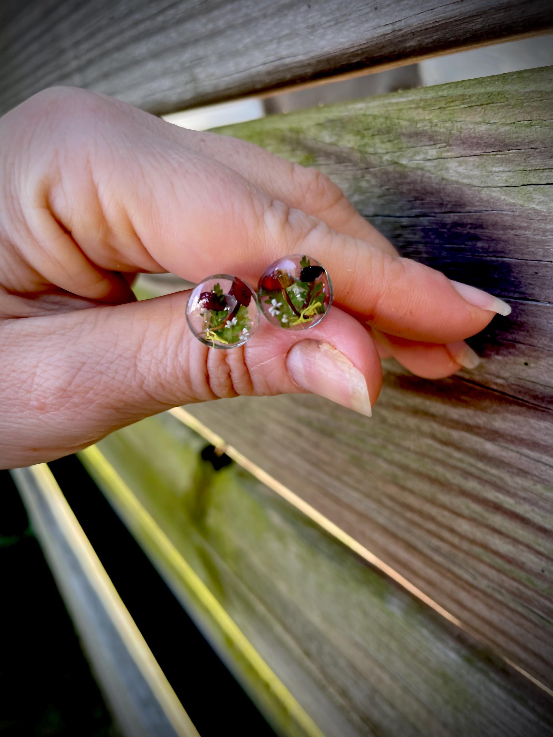 Men's Unique Stud Earrings: Hypoallergenic Real Mushroom Fern with Birthstone, Nature-Inspired Valentines gift