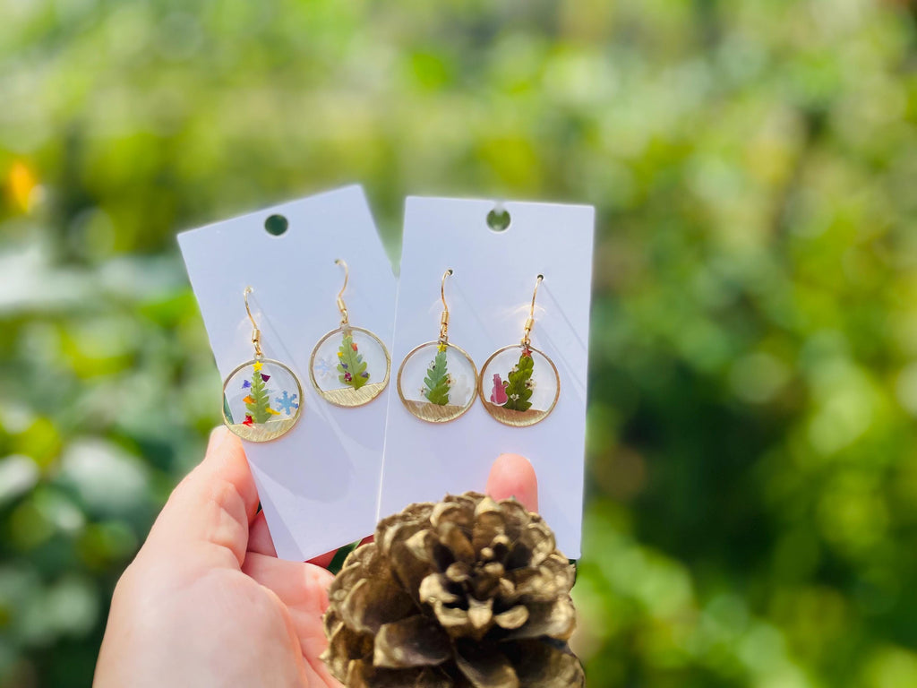 Gold Snow Globe Earrings: Real Fern, Flower Petals, Christmas Tree