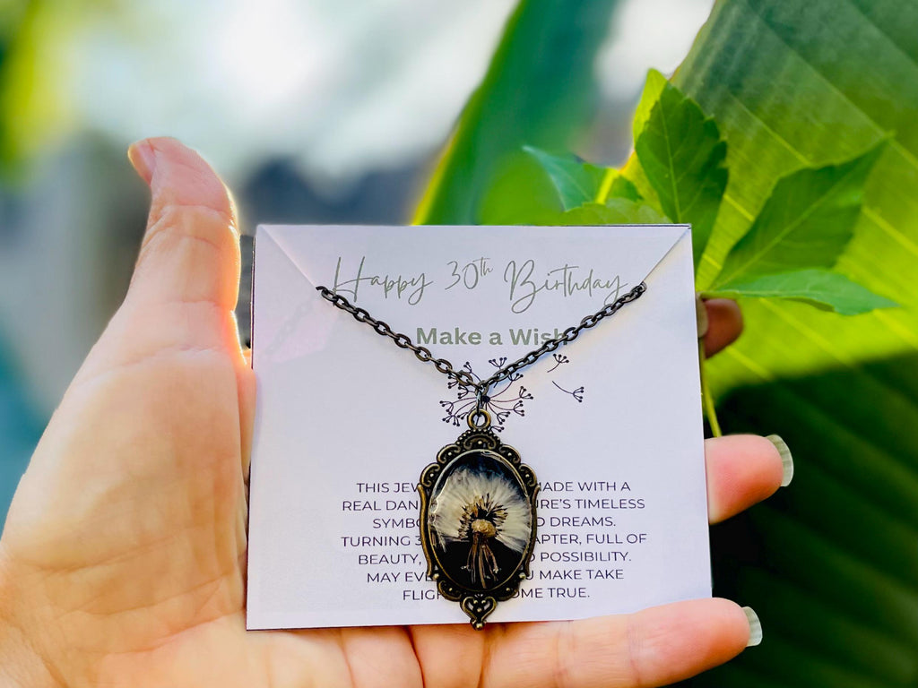 Real Dandelion Pendant Necklace Vintage Cameo Style: 30th Birthday Gift