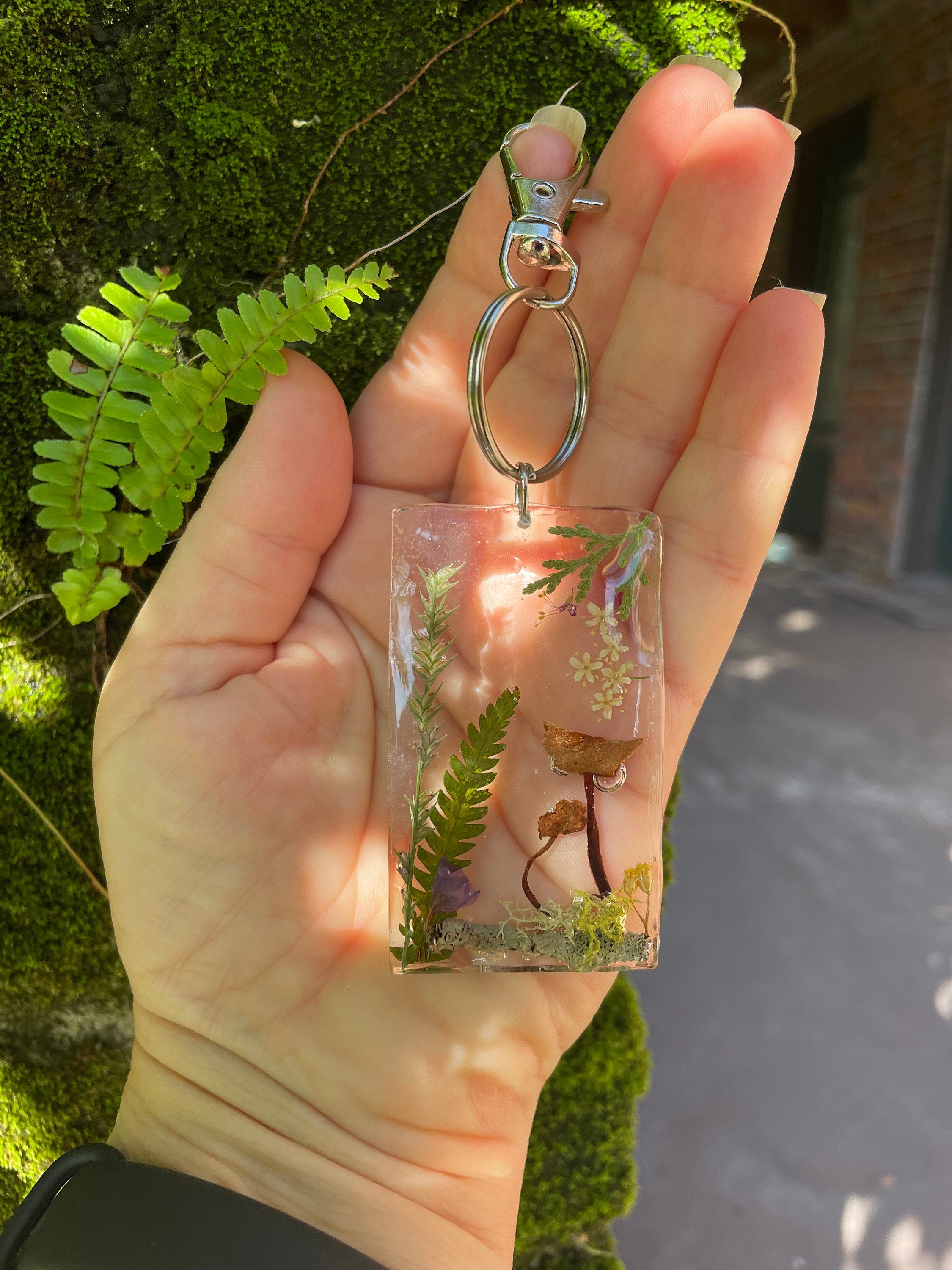 Handcrafted Resin Keychain: Real Mushrooms, Ferns, Flowers - Personalized Botanical Keyring