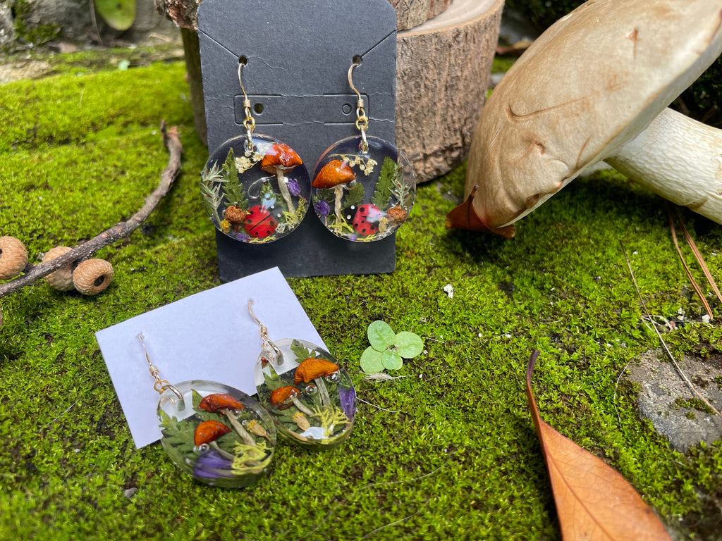 Mushroom Dangle Earrings: Real Acorn, Fern & Ladybug - Woodland Jewelry