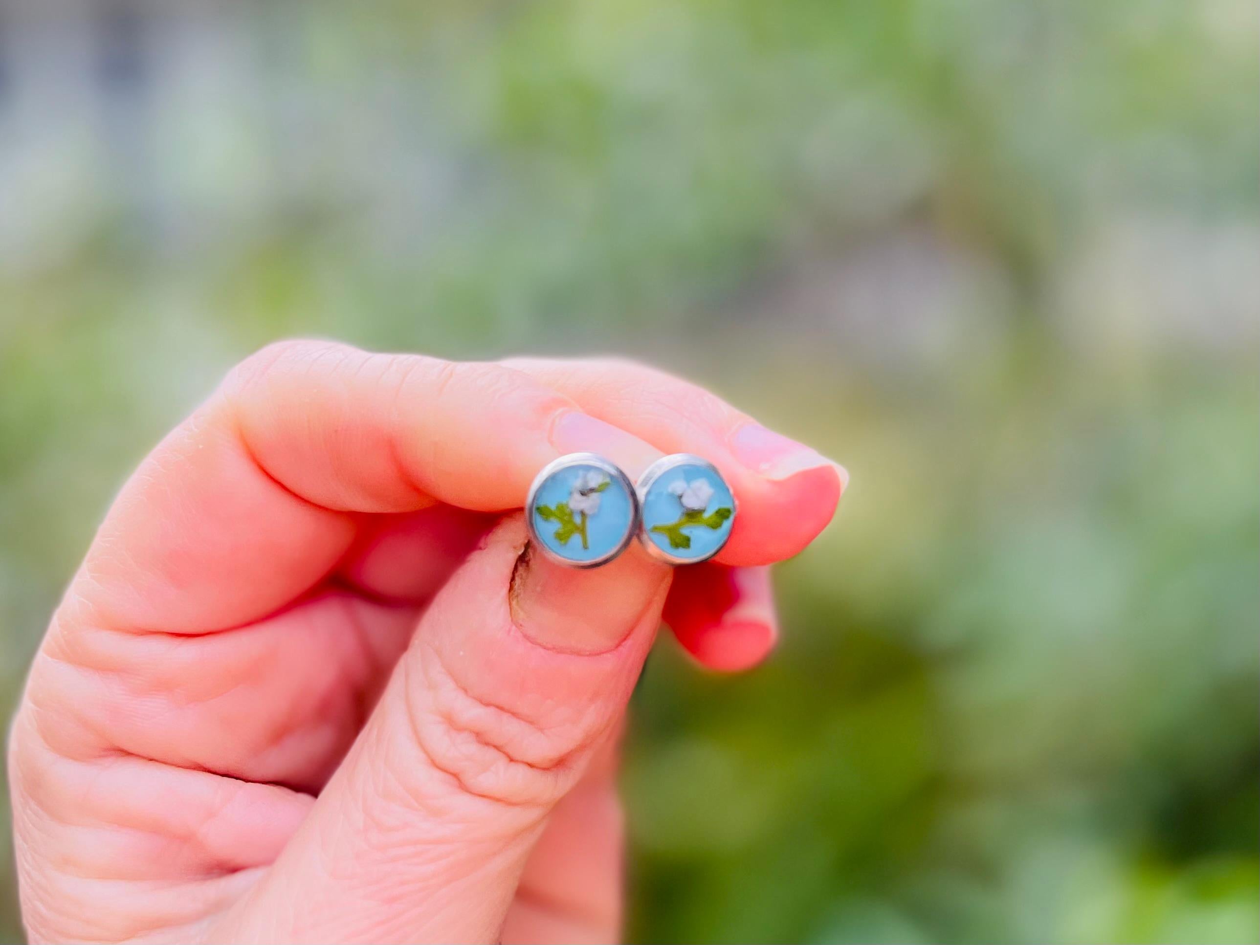 Aquamarine Blue Titanium Posts with Real Pressed Flowers: Tiny Floral Studs