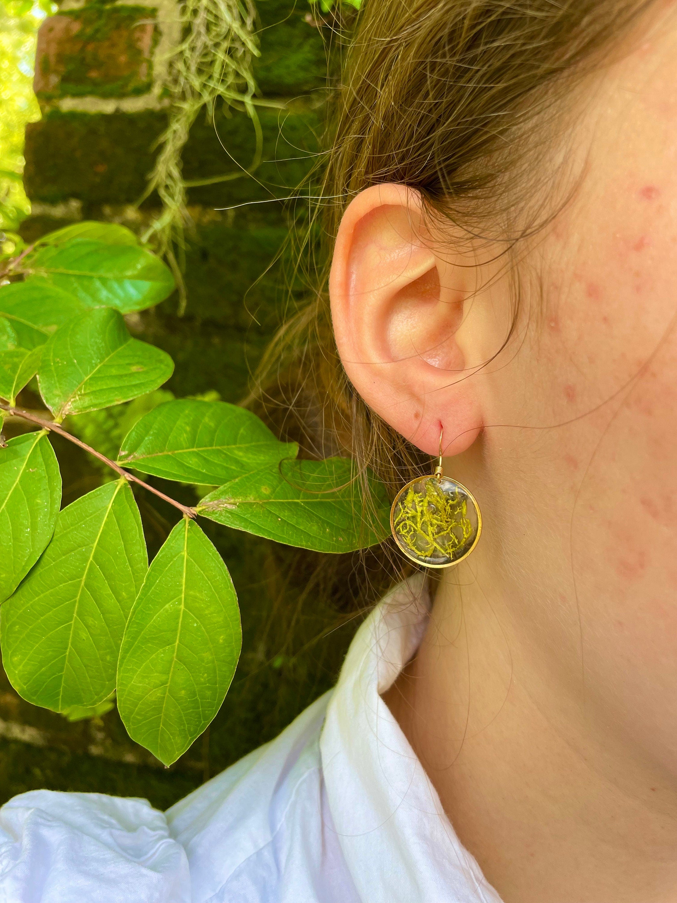 Green Moss Earrings: Gold Resin Botanical Jewelry, Nature Gift
