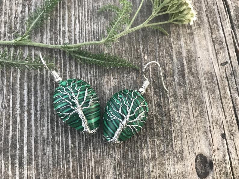 Malachite earrings, crystal earrings, gemstone green stone earrings, simple earrings, dangle square earrings, Mothers Day gift for her mom