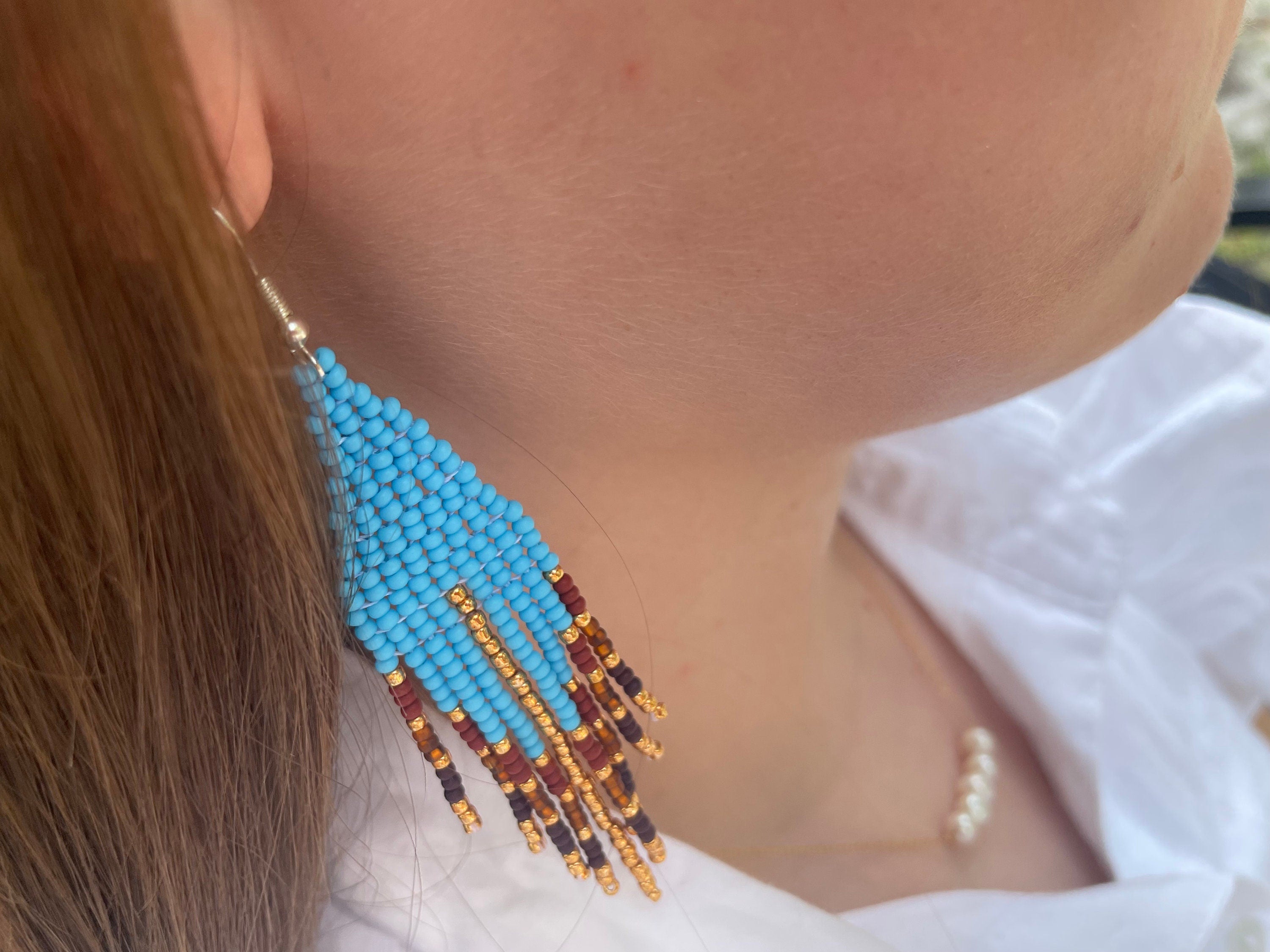 Turquoise and rust earrings handmade, blue boho earrings Fringe beadwork earrings unique holiday gift for her Seed bead dangle earring Long