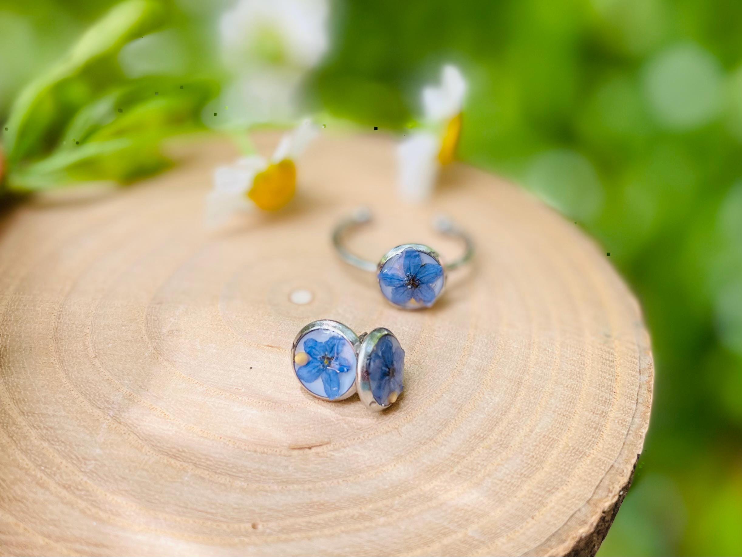 Forget Me Not Stud Earrings: Real Pressed Flower Resin Jewelry Set