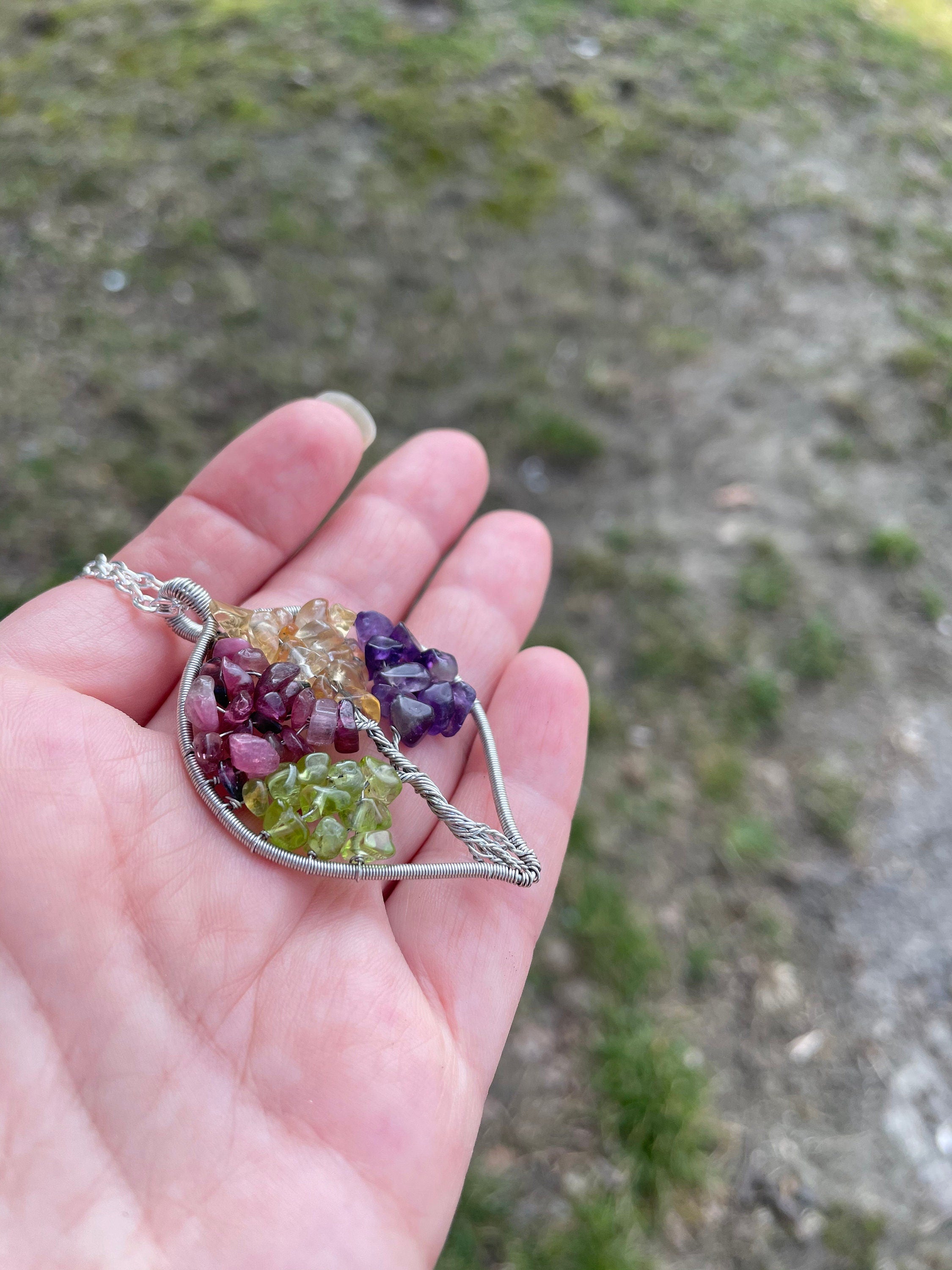 Teardrop Citrine Quartz Peridot Green Amazonite Raw Crystal Tree of Life Pendant Chain Necklace Silver Wire Wrapped