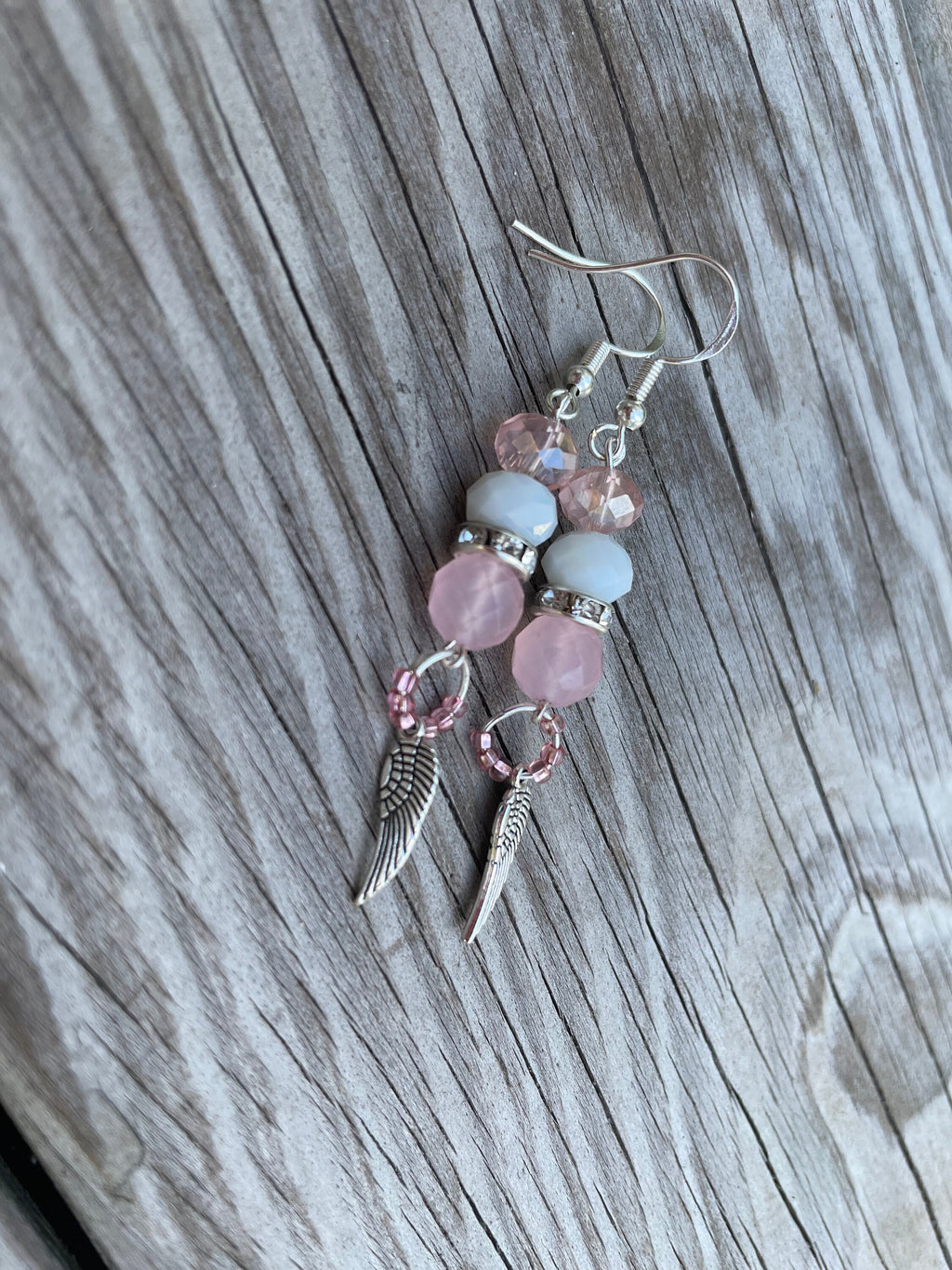 October Birthstone Rose Quartz Angel Wing Dangle Earrings: Pink Sterling Silver Bridal jewelry Libra gifts