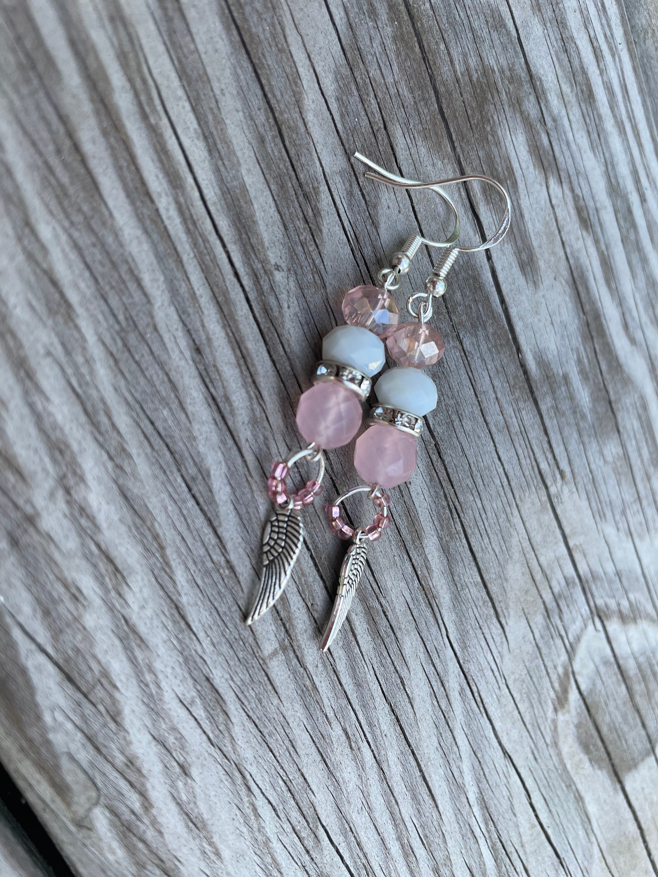 October Birthstone Rose Quartz Angel Wing Dangle Earrings: Pink Sterling Silver Bridal jewelry Libra gifts