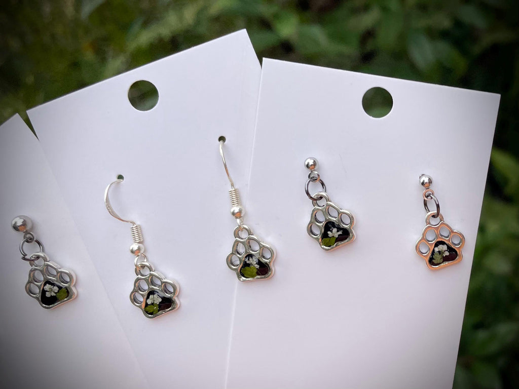 Tiny Paw Print Post Earrings: Birthstone Personalized Silver Pet Jewelry with Real Pressed Flowers