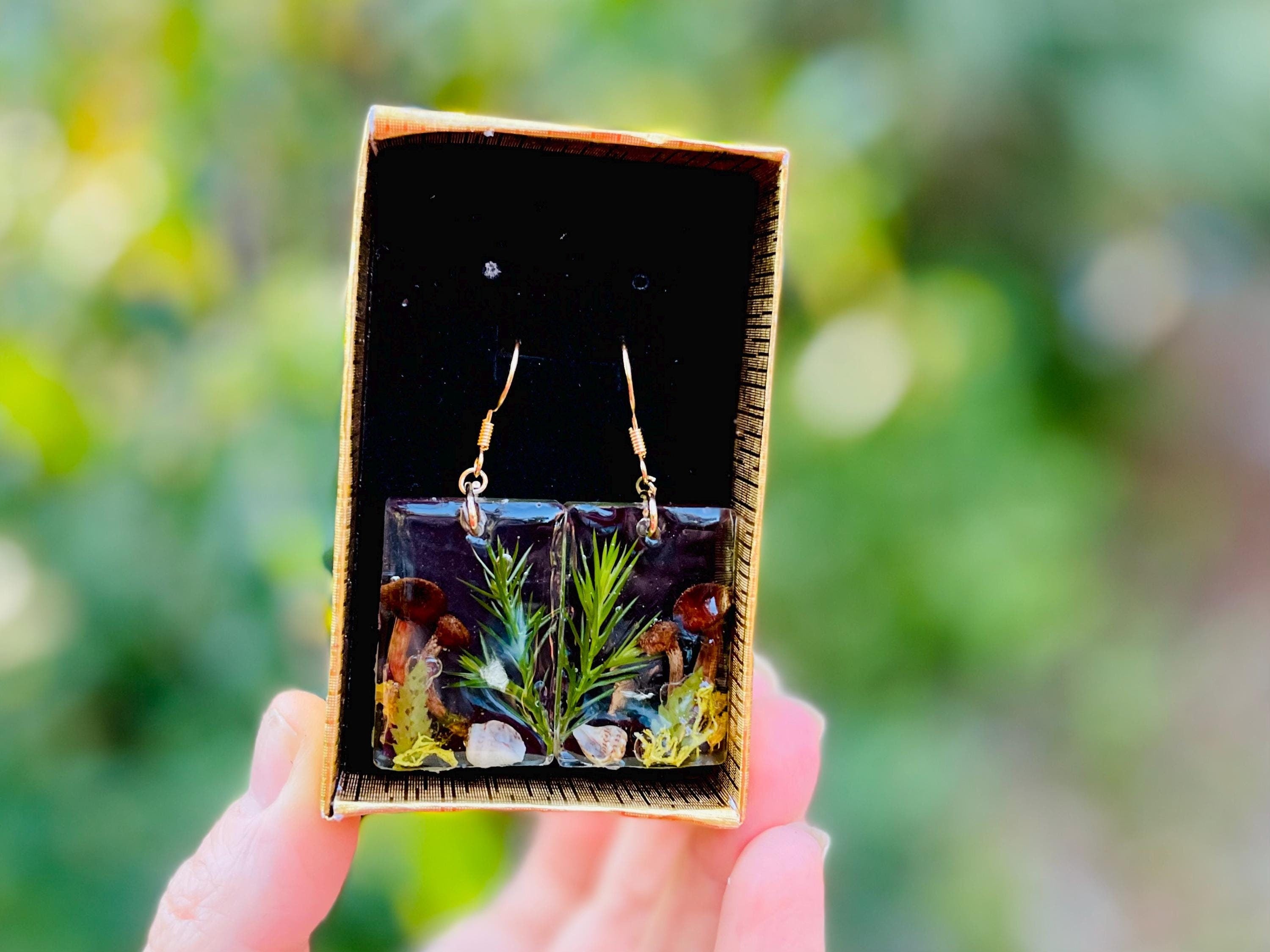 Real Mushroom Resin Earrings: Gold Filled Fairy Forest Jewelry