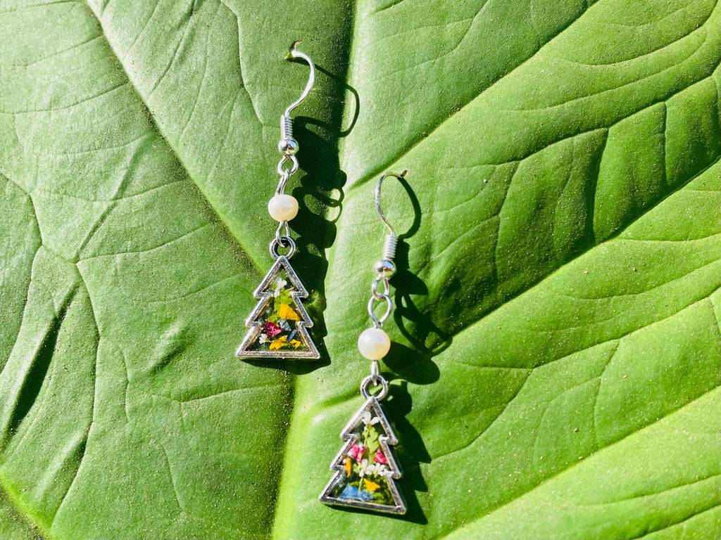 Fern Christmas Tree Earrings Silver: Real Pressed Flower Festive Stud Dangle Earrings Freshwater Pearl