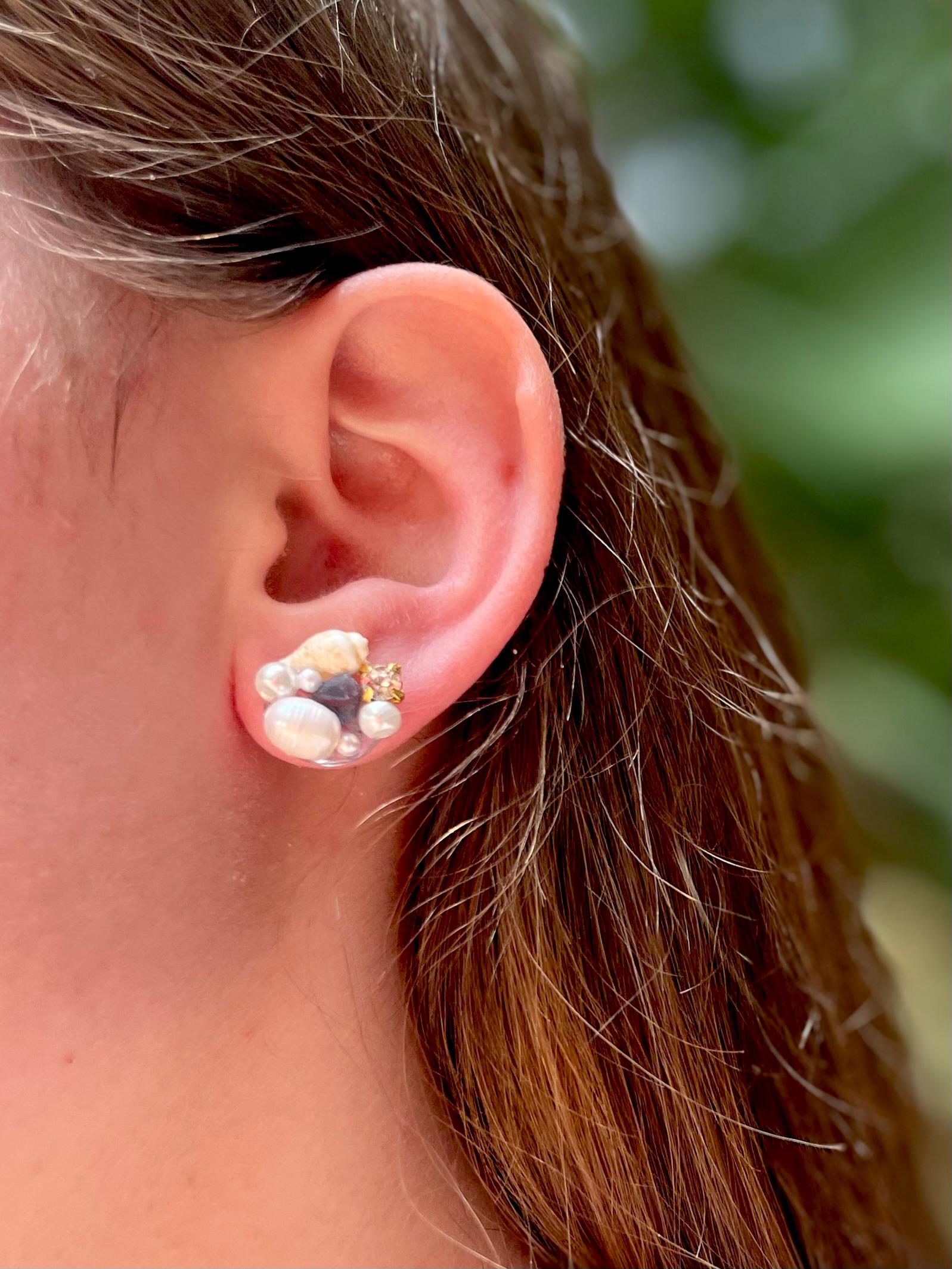 Real Shell Pearl Stud Earrings: Ocean Resin Sea Glass, Beach Bridal Jewelry