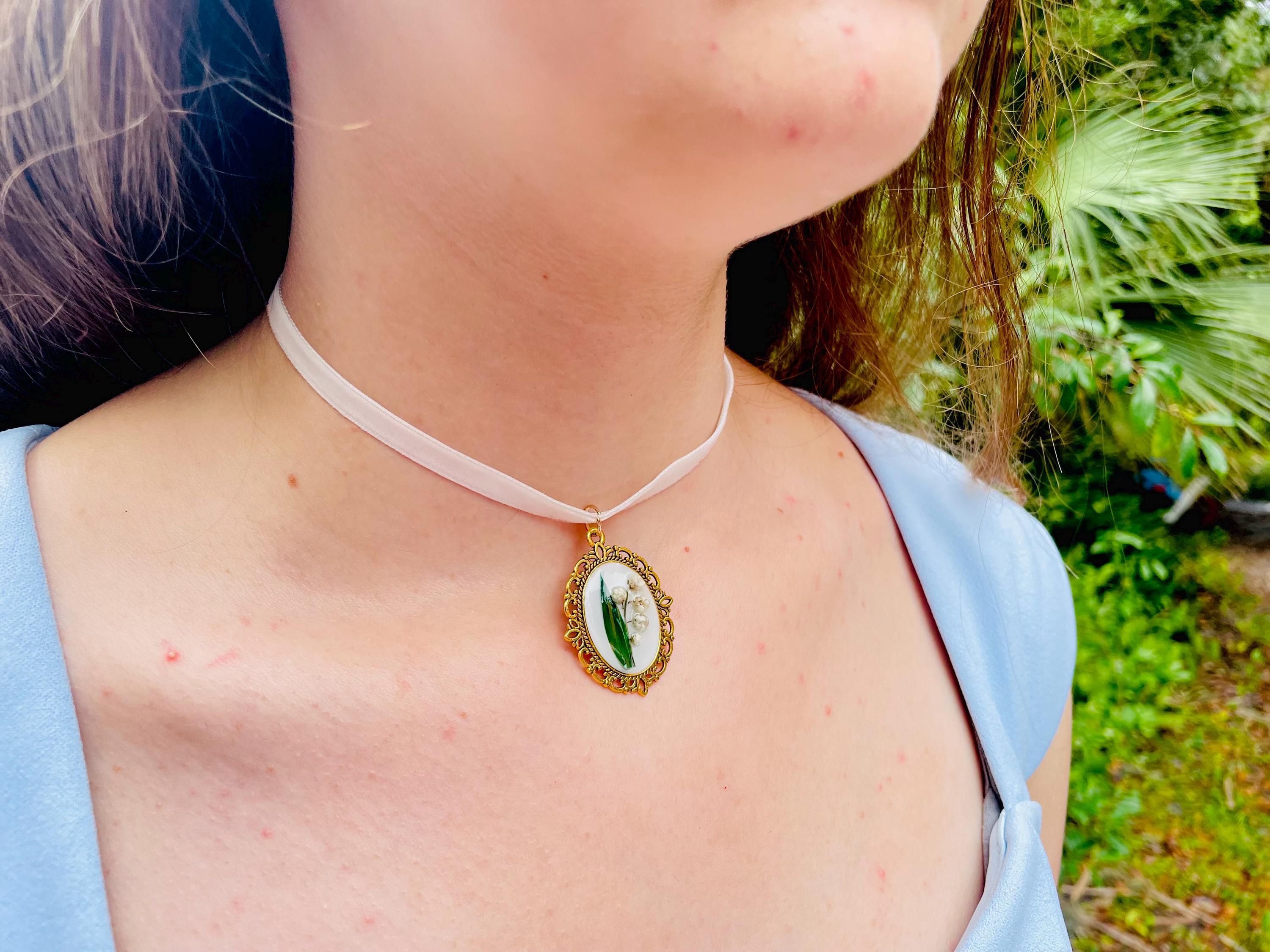 Lily of the Valley Necklace: May Birth Flower, Real Flower Resin Pendant
