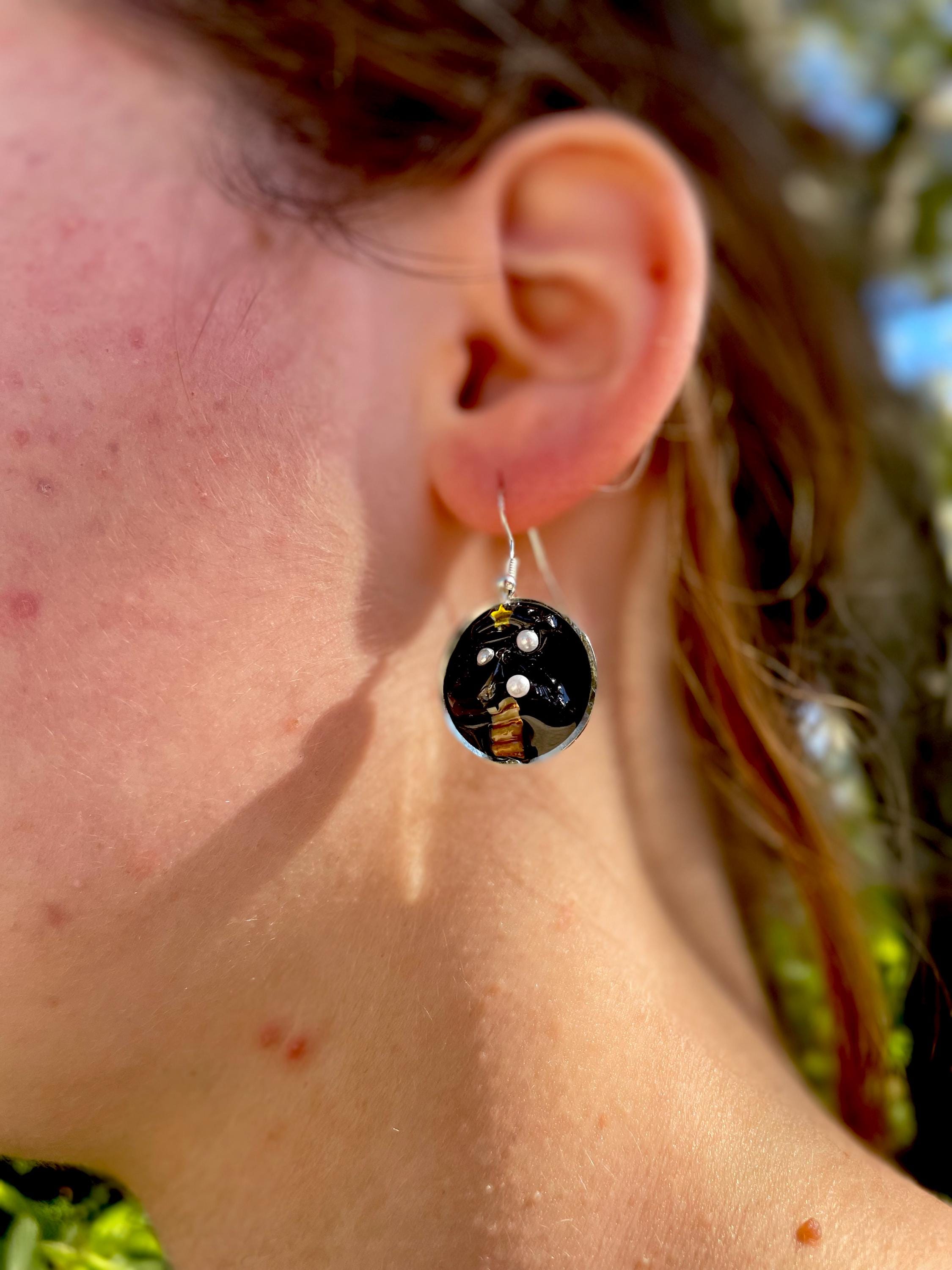 Gothic Christmas Tree Earrings: Black Sea Glass Resin Pearl Jewelry