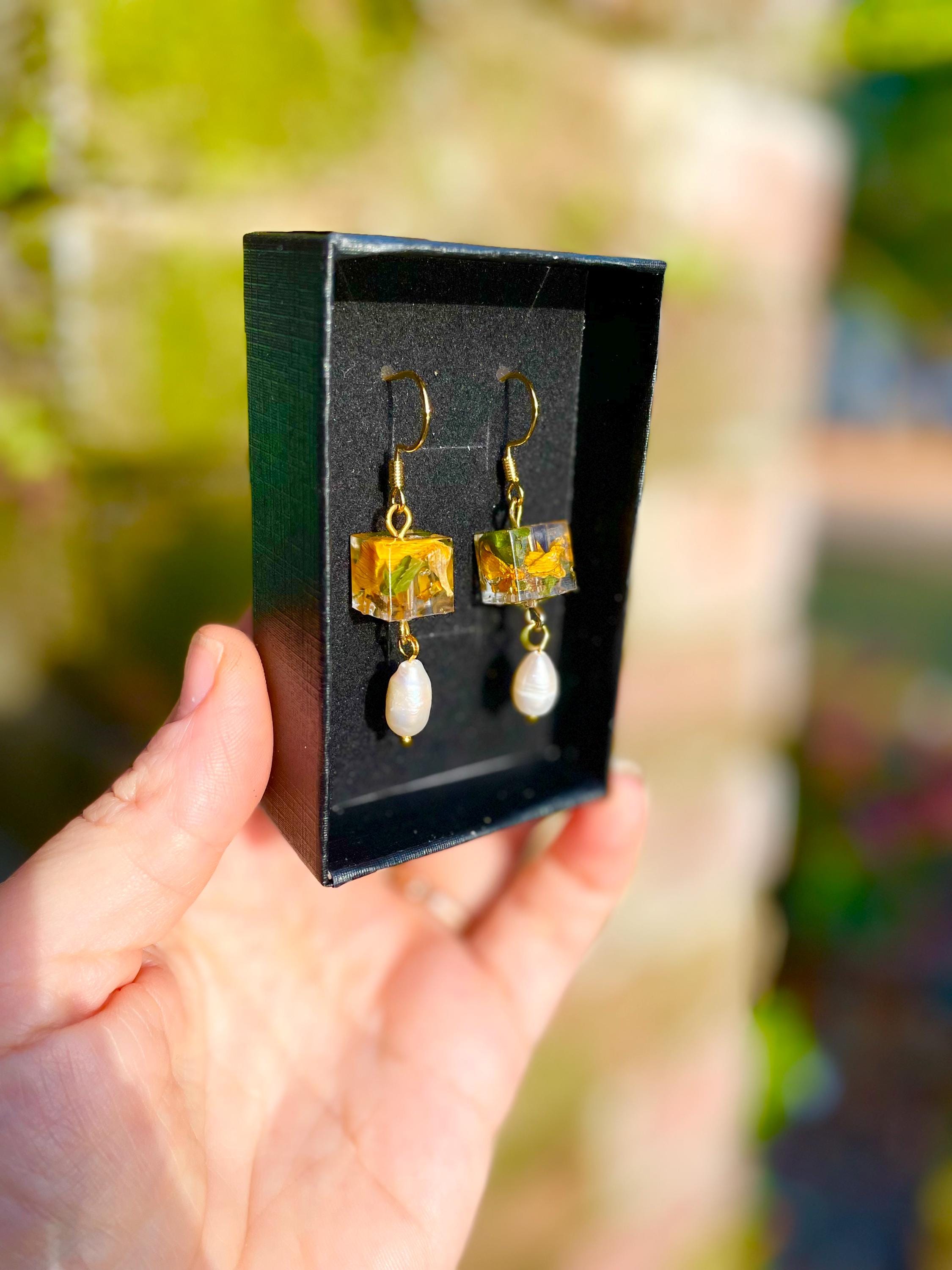 Pearl Sunflower Earrings: Gold Flower Petal Jewelry, Personalized Birthstone