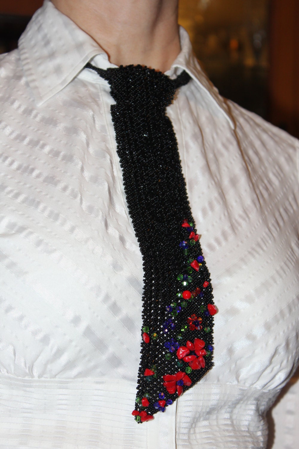 Office Style Necklace for Women, beaded tie, Office Fashion Necklace, Lady Boss Gift, Black Tie Necklace, Seed Bead Tie, women tie unique
