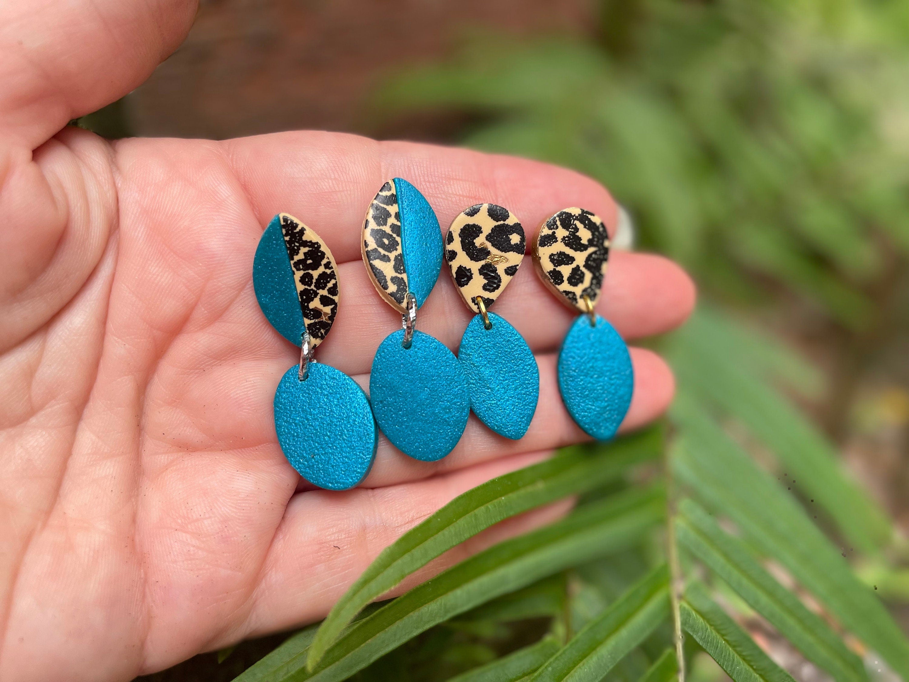 Patina blue and Leopard Drop Earrings stud Jacksonville Jaguars cheer mom Polymer Clay Earrings Thoughtful Gift Idea for Friends Girlfriend