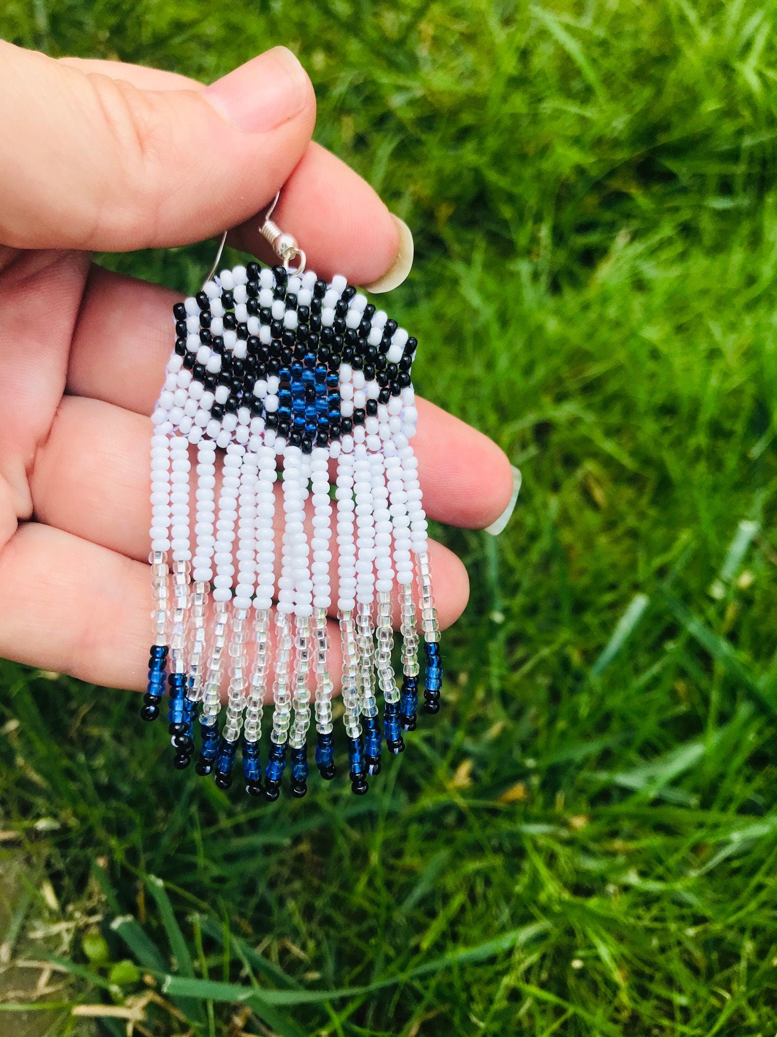 Evil eye earrings, long beaded earrings, Custom eyes color Earrings, white seed bead Earrings fringe, best friend personalized holiday gift